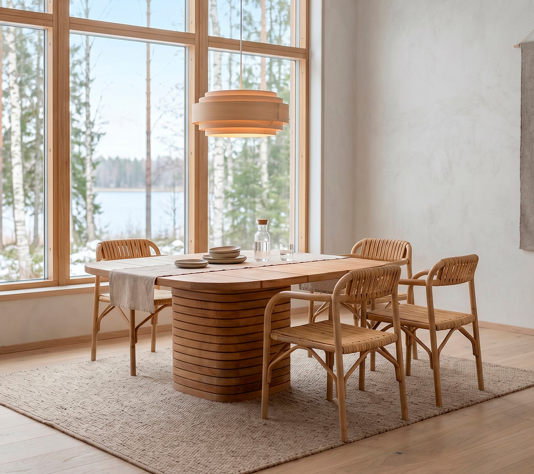 Modern houten eettafel omringd door rieten stoelen in een Scandinavische setting.