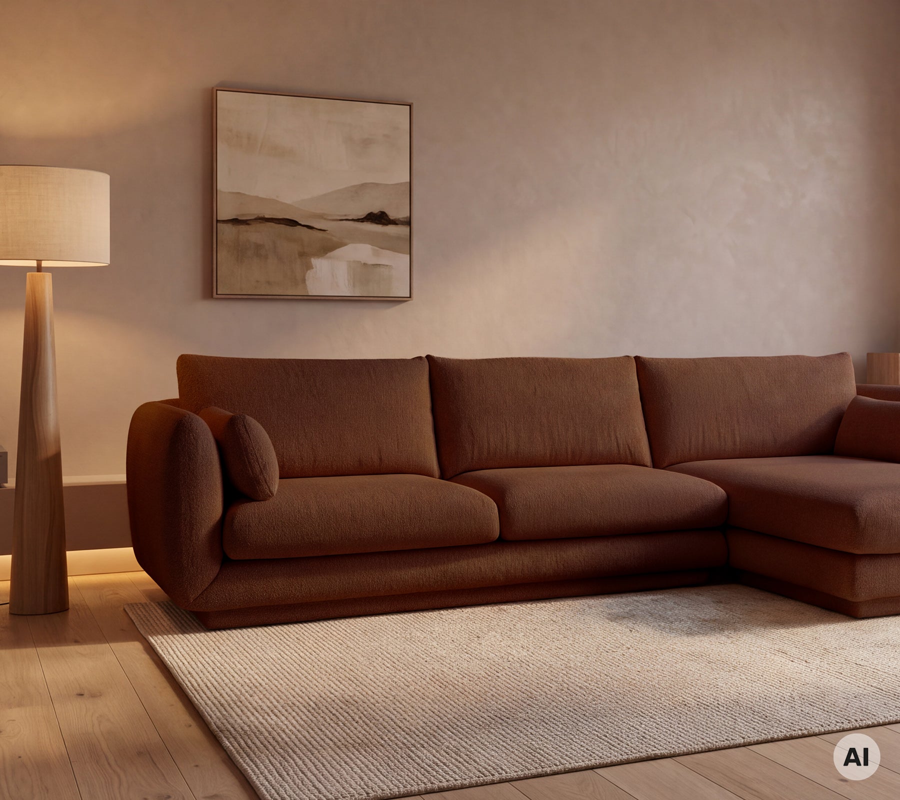 Bruine moderne bank met een beige tapijt en een vloerlamp in een gezellige lounge-setting.