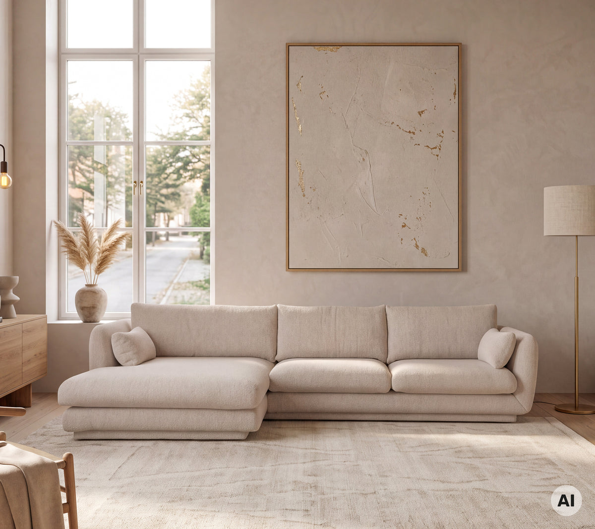 Lichtbeige hoekbank gecombineerd met een vloerlamp in een moderne loungeomgeving.