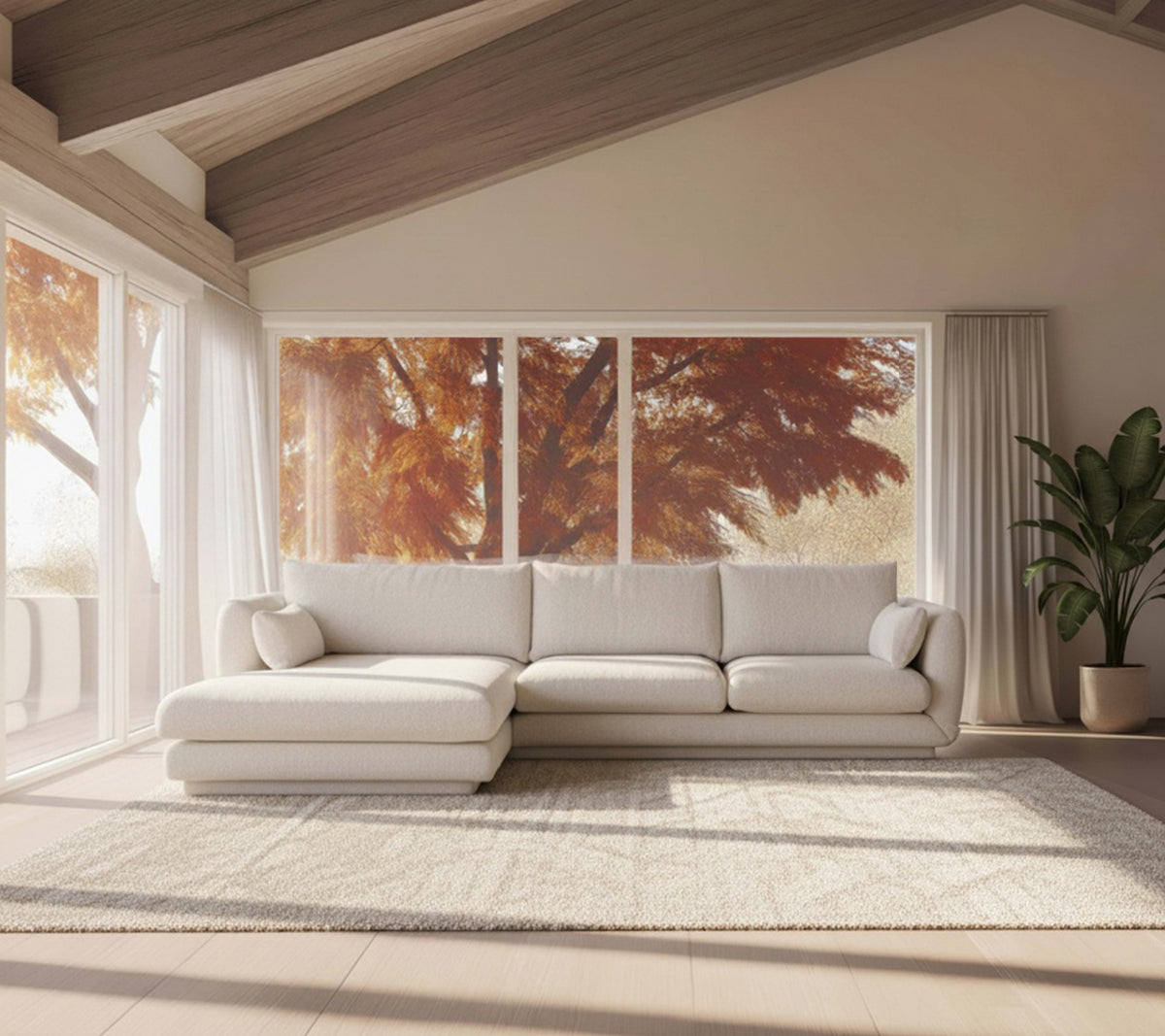 Moderne witte bank en beige tapijt in een minimalistische lounge-instelling.