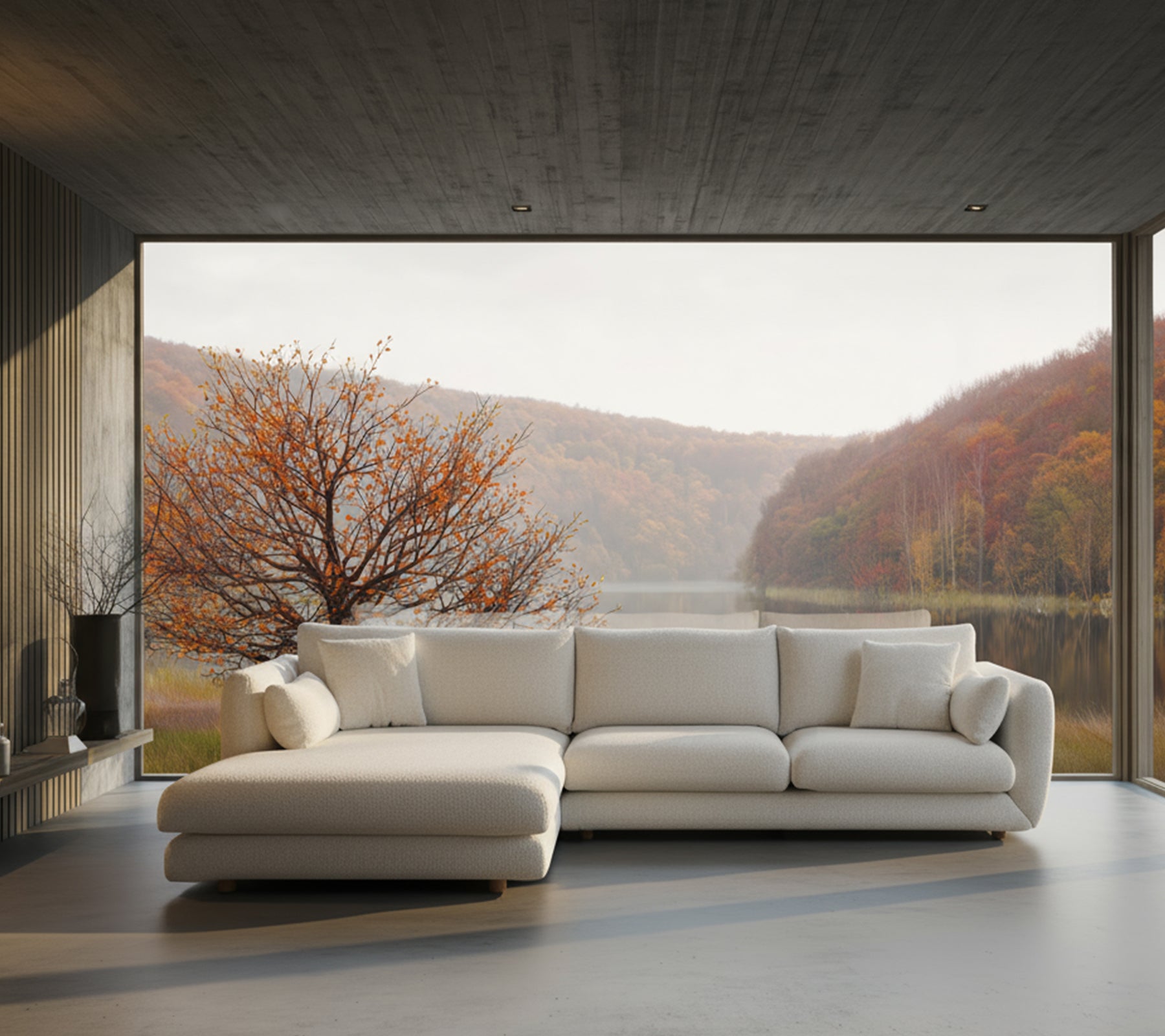 Moderne witte sectie sofa in een woonkamer met een pittoresk uitzicht.