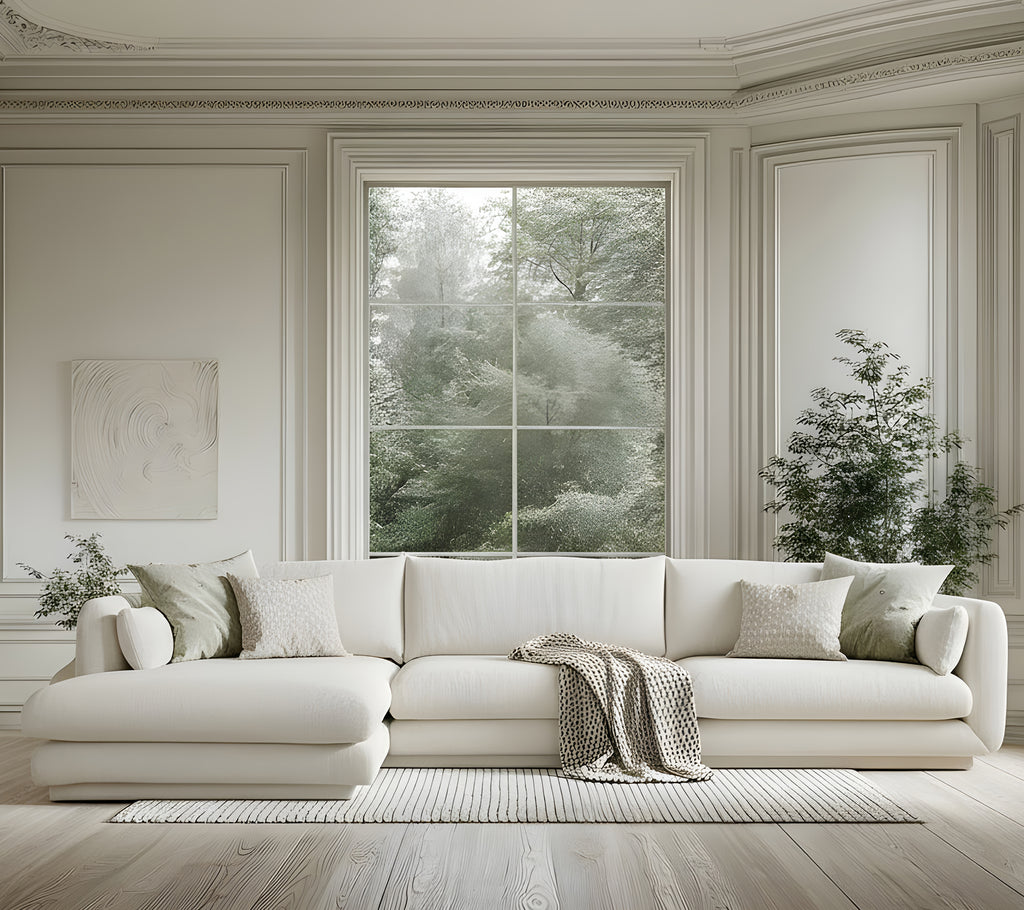 Moderne witte bank met groene kussens en een grijze plaid in een minimalistische woonkamer.