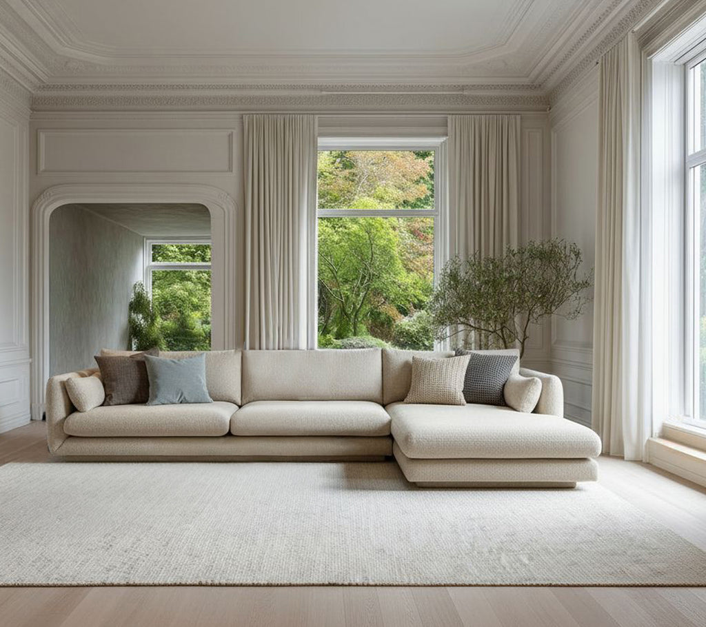 Beige moderne bank met grijze kussens in een minimalistische lounge-instelling.