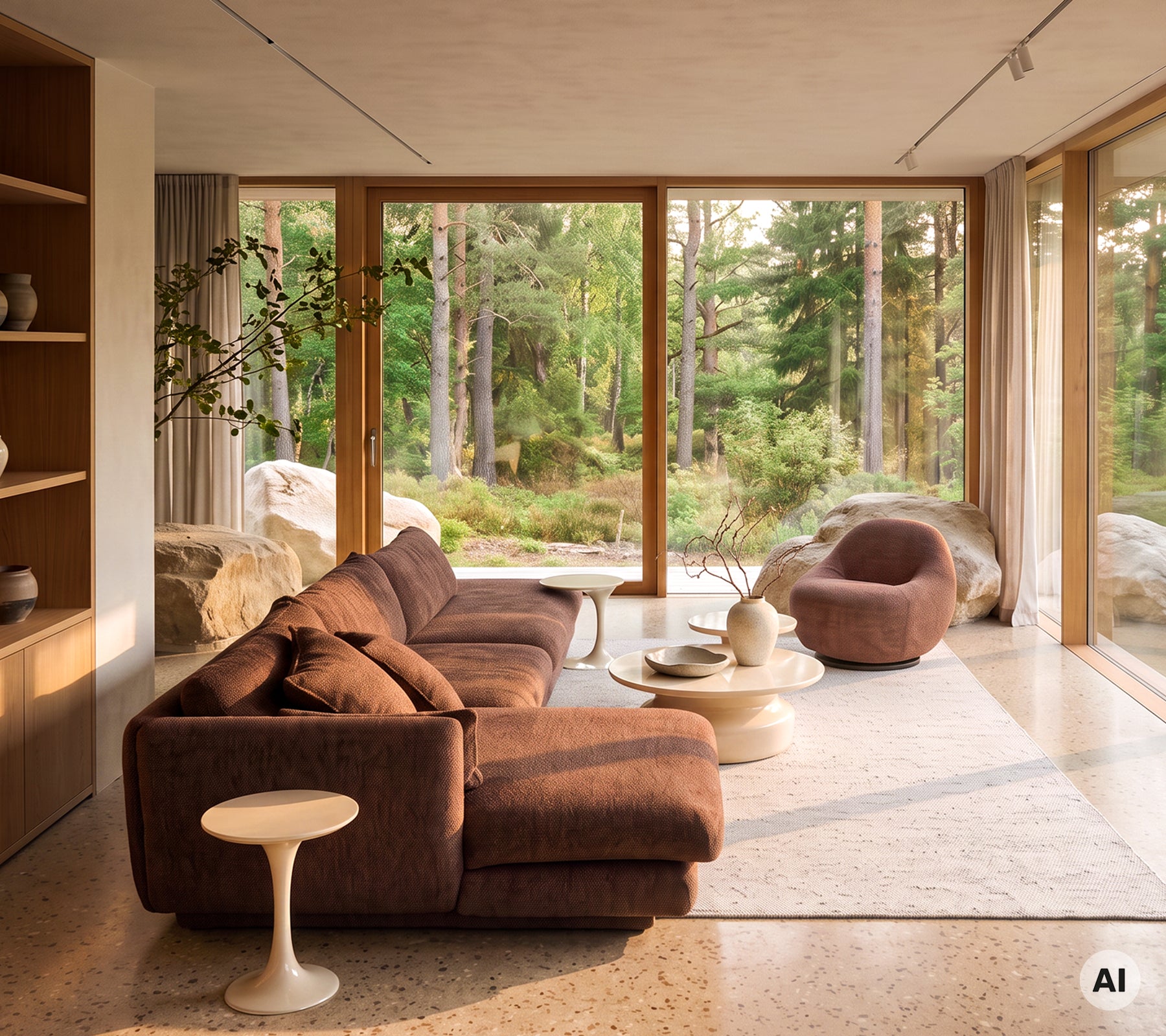 Moderne lounge met een bruine hoekbank, een witte salontafel en een bruine fauteuil.