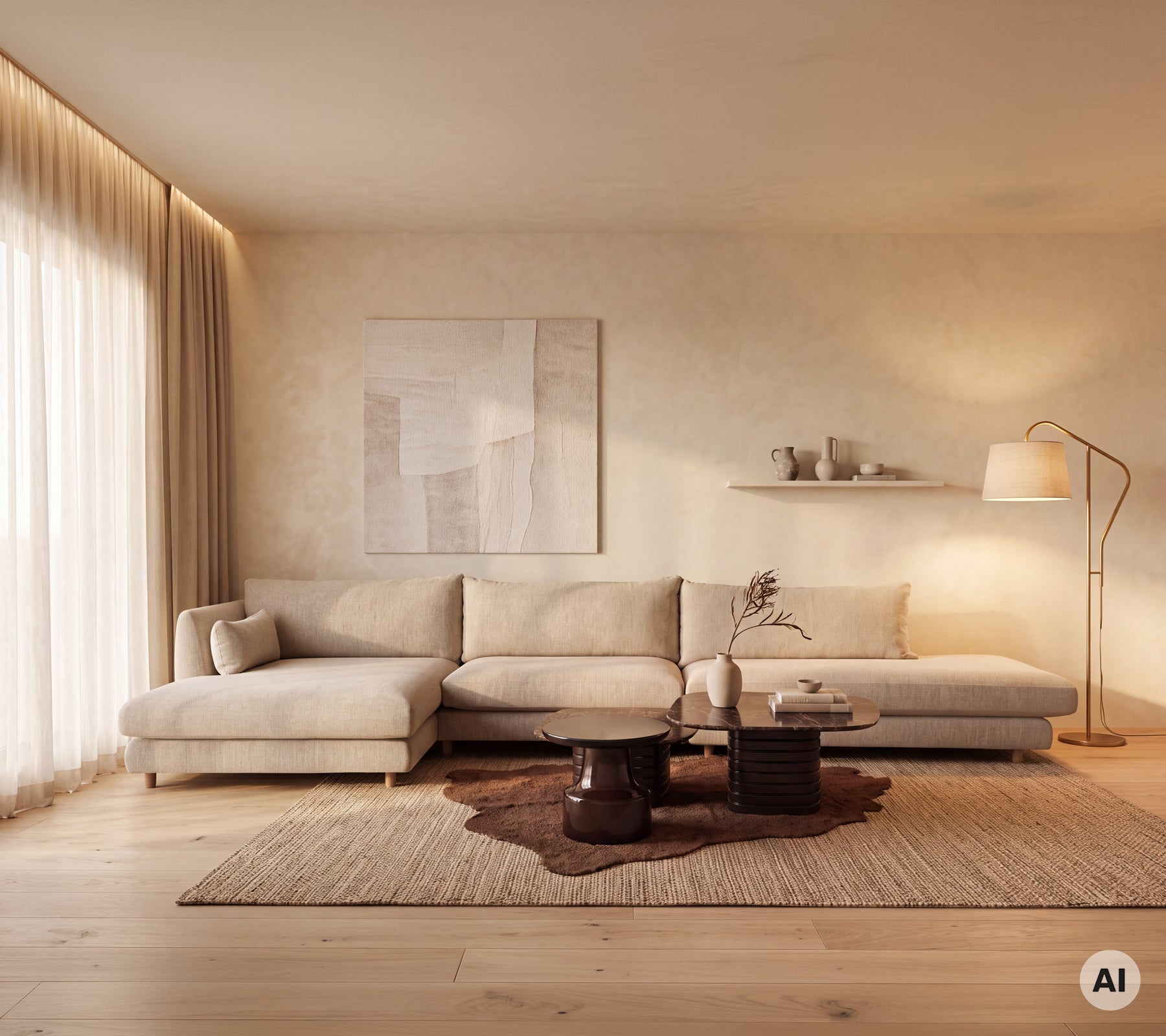 Beige sectionele bank met houten salontafel en een bruin tapijt in een minimalistische lounge.