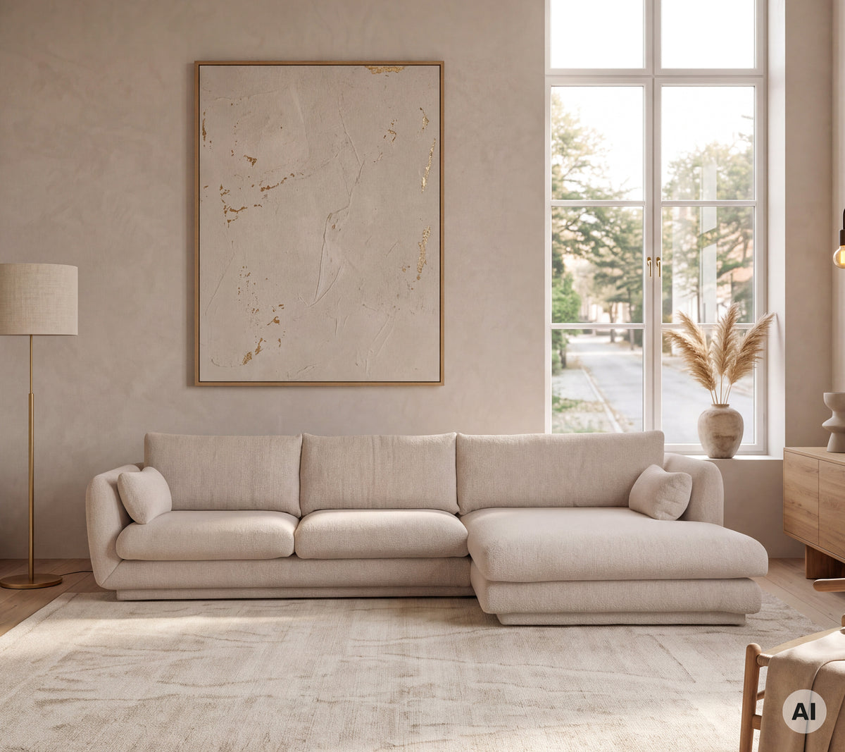 Beige moderne bank in een minimalistische lounge-instelling met grote ramen.