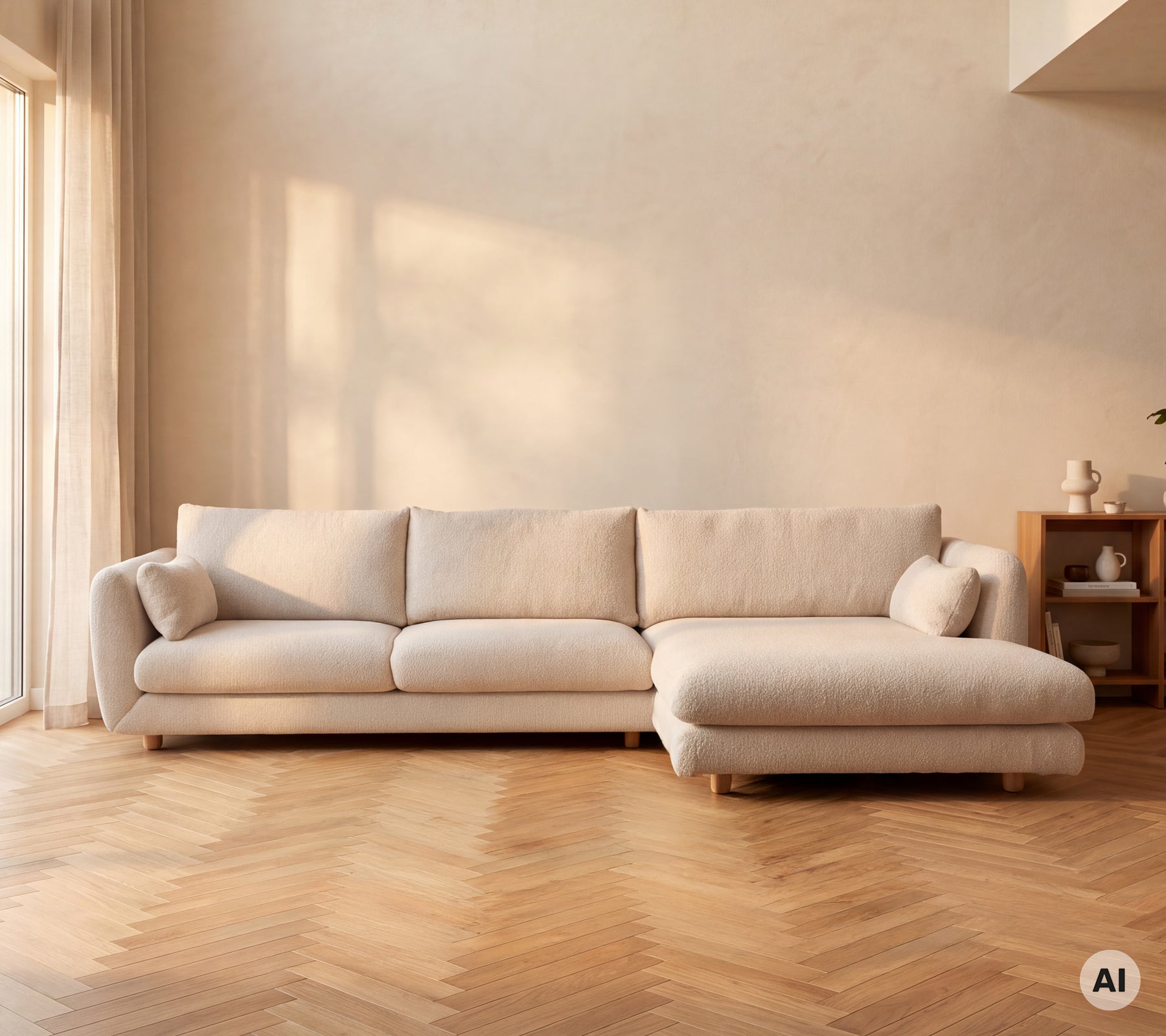 Beige moderne bank geplaatst in een minimalistische loungeomgeving met warm licht.