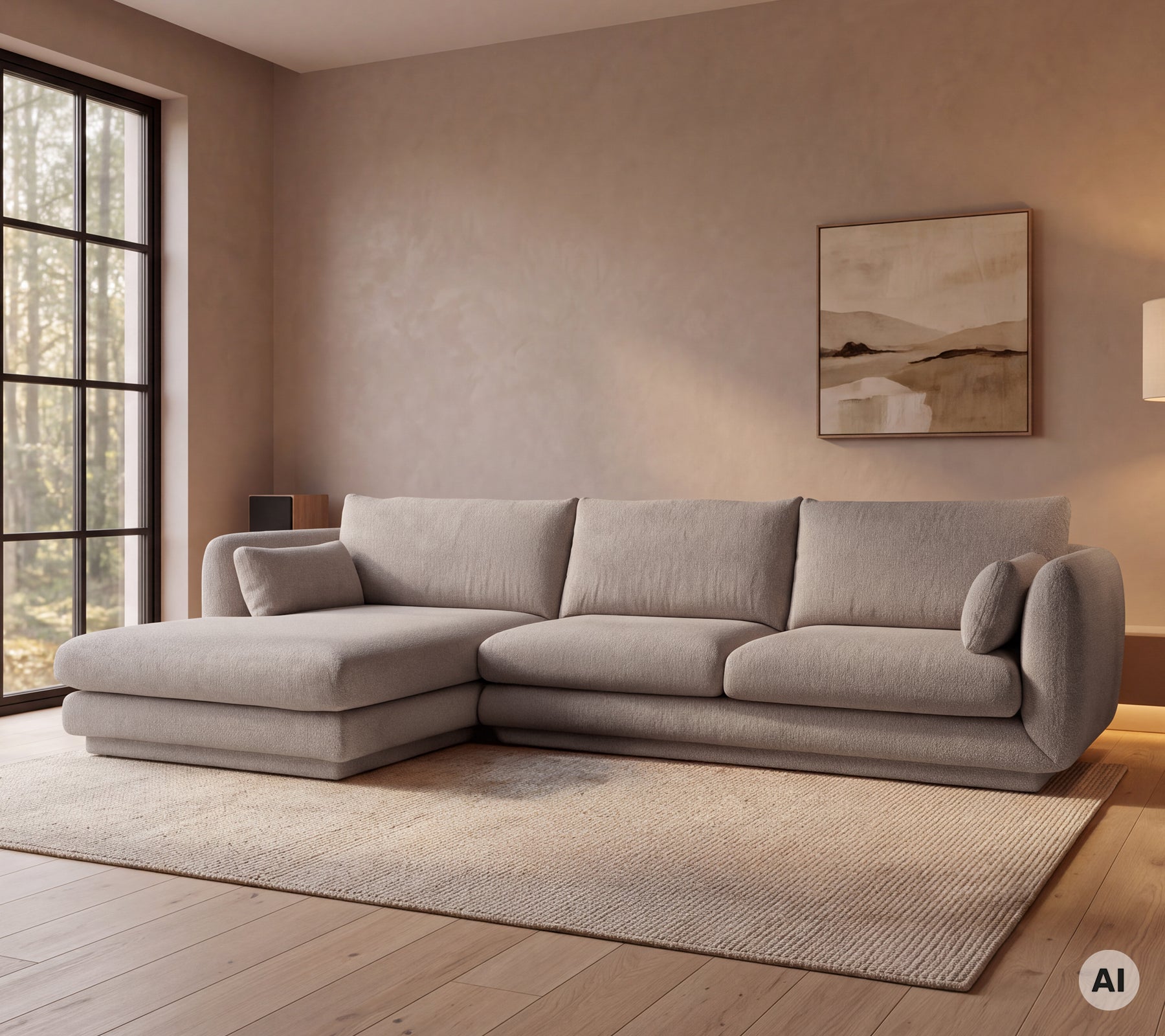 Moderne grijze bank in een gezellige lounge setting met een groot raam.
