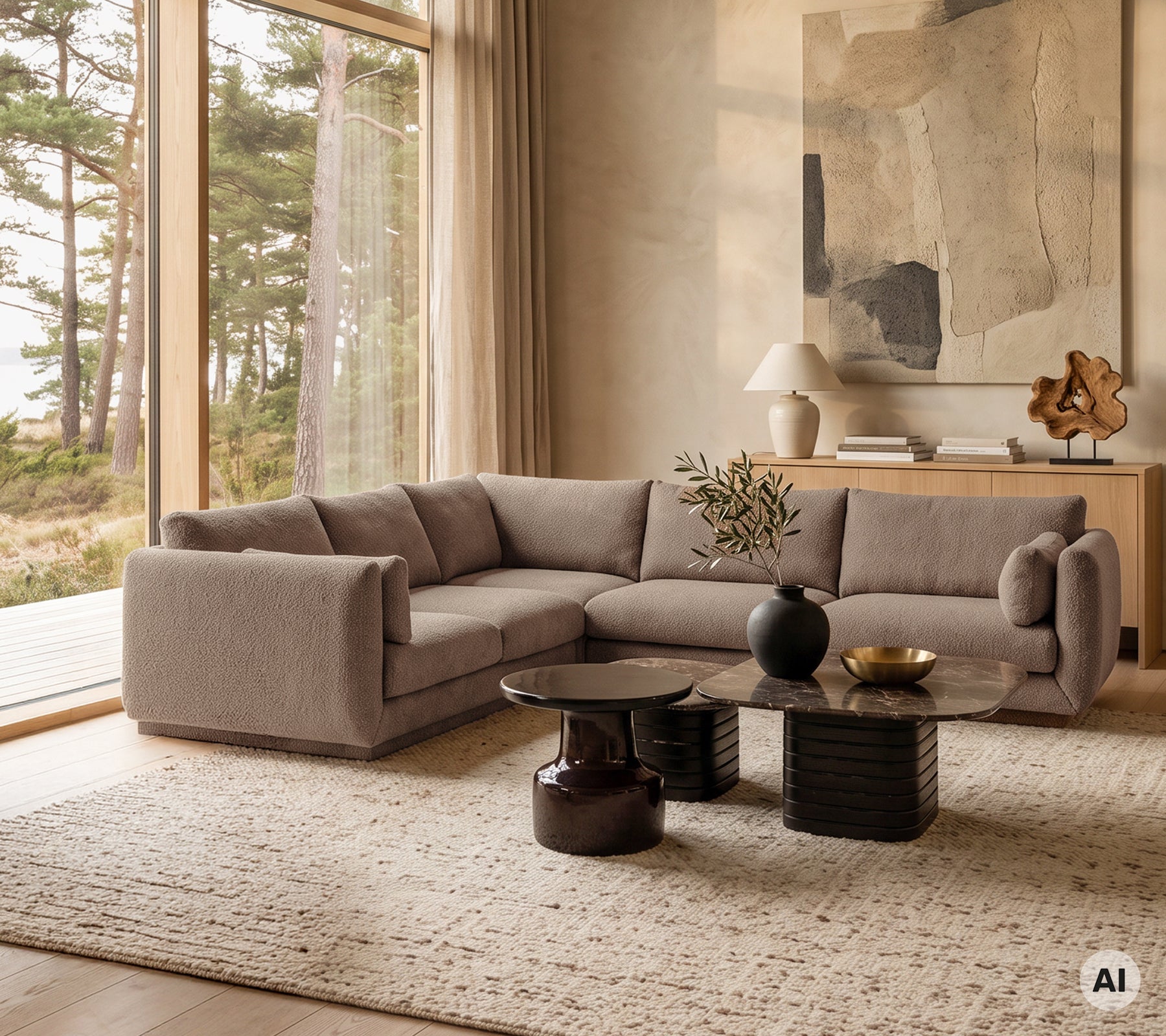 Moderne woonkamer met een beige bank, een zwarte tafel en een grijs tapijt.