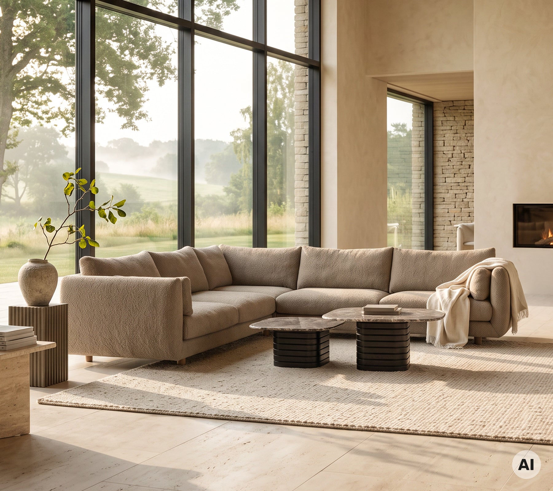 Beige hoekbank met grijze deken, zwarte sidetafels en een ronde vaas in een moderne lounge-instelling.