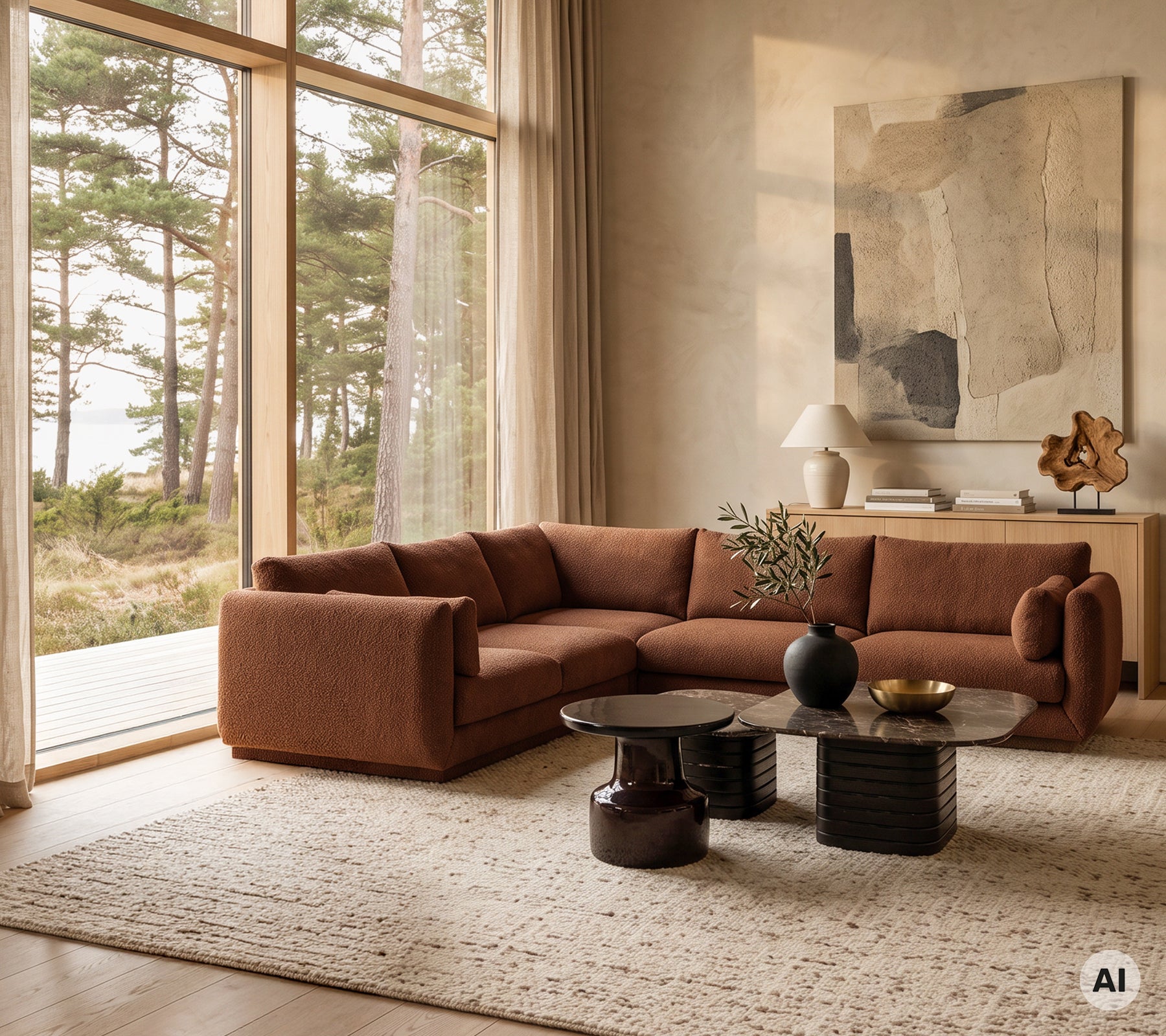 Moderne bruine bank met een zwarte salontafel en een decoratieve vaas in een minimalistische woonkamer.