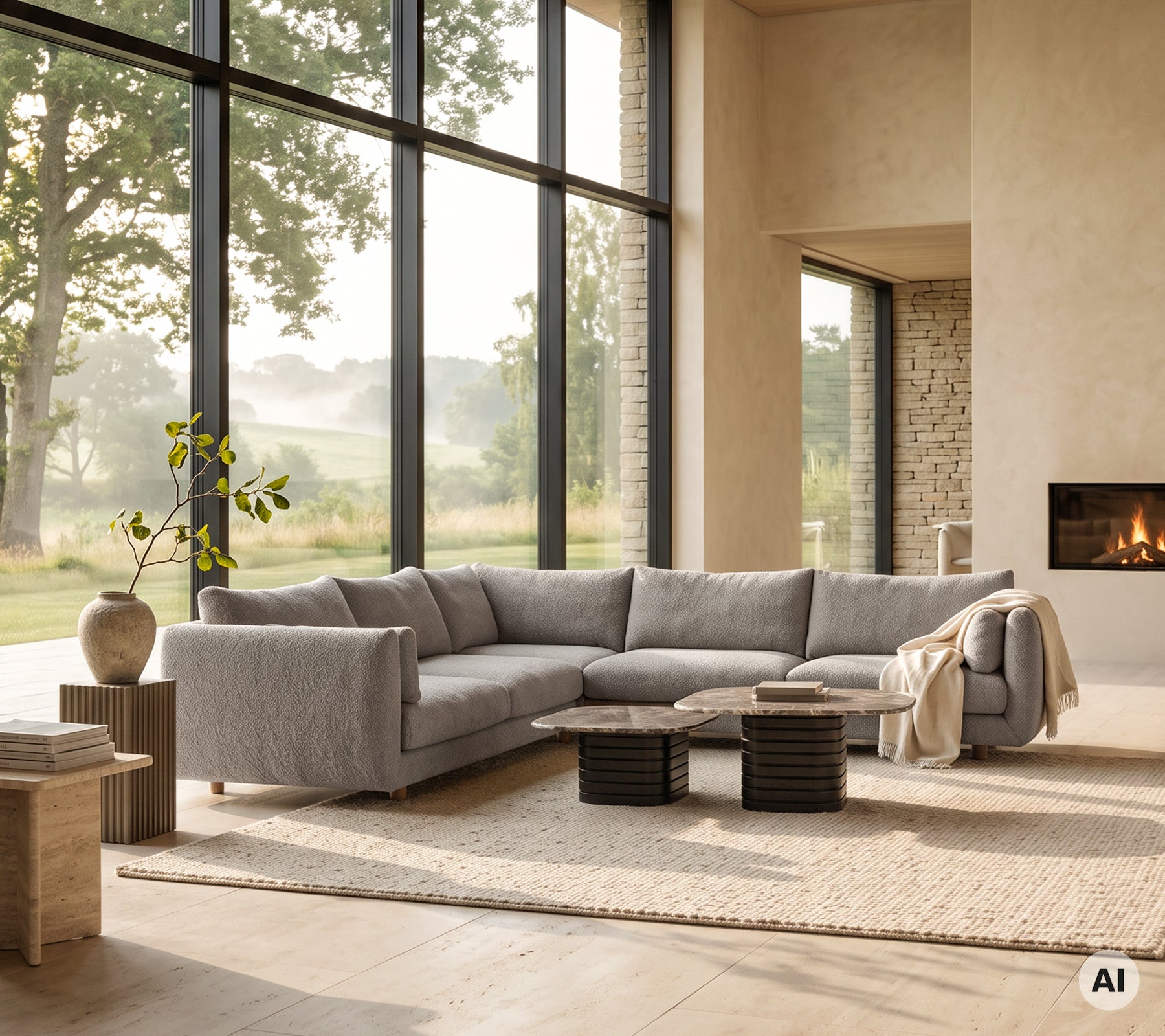 Moderne lounge met een grijze sectionele bank, zwart salontafel en beige tapijt.