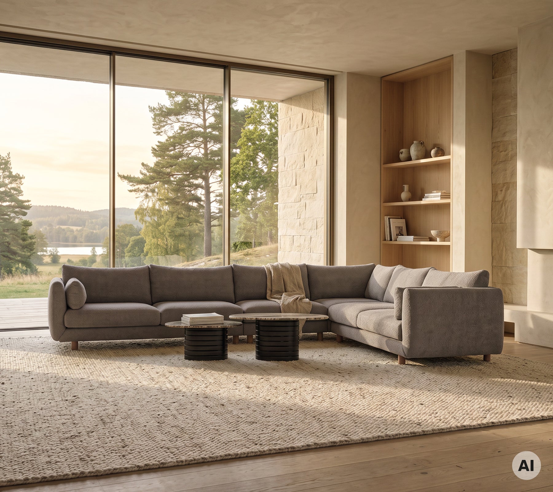 Moderne grijze bank in combinatie met een zwart salontafel in een ruime lounge.