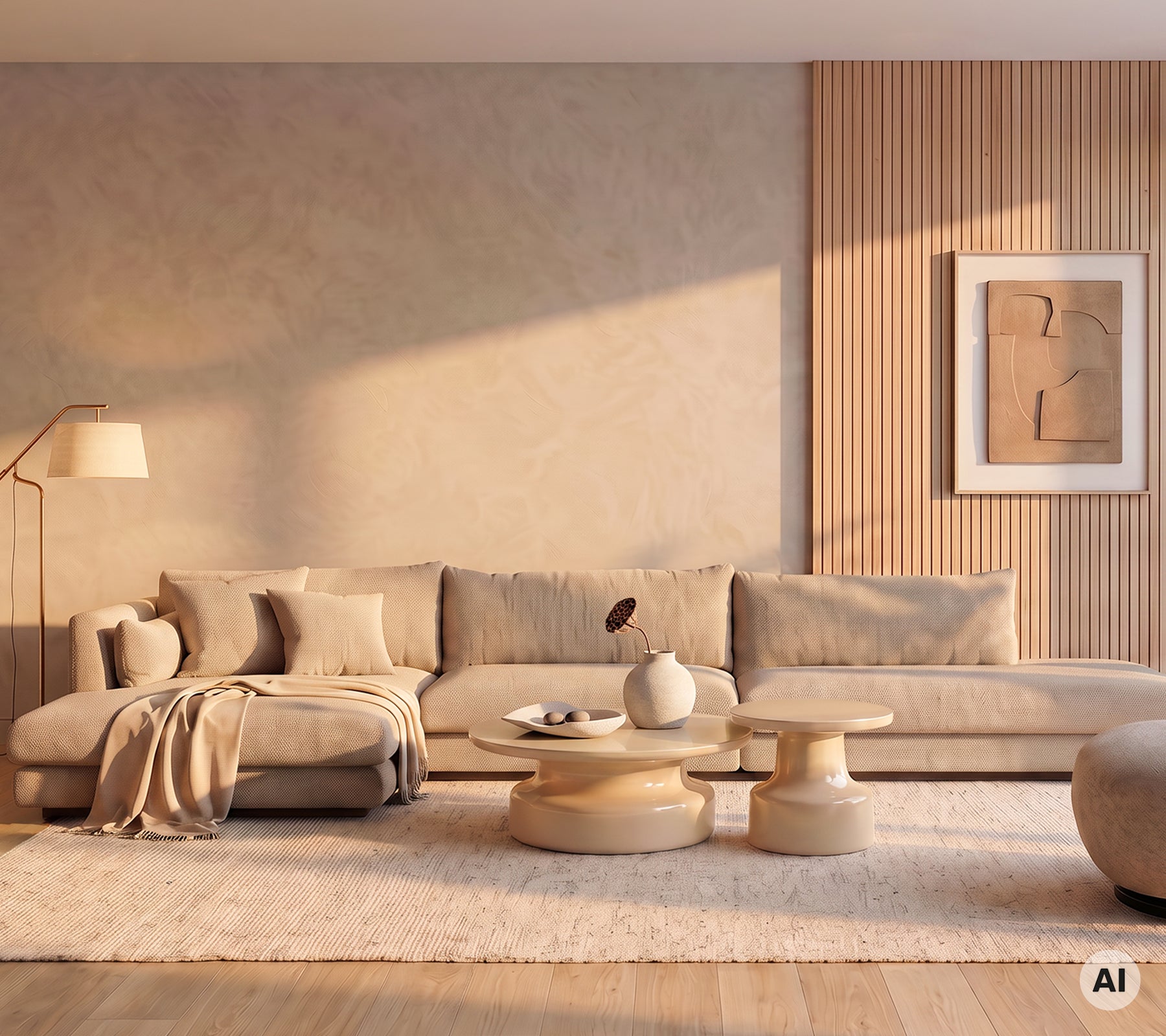Beige bank met kussens en een ronde salontafel in een moderne lounge-setting.