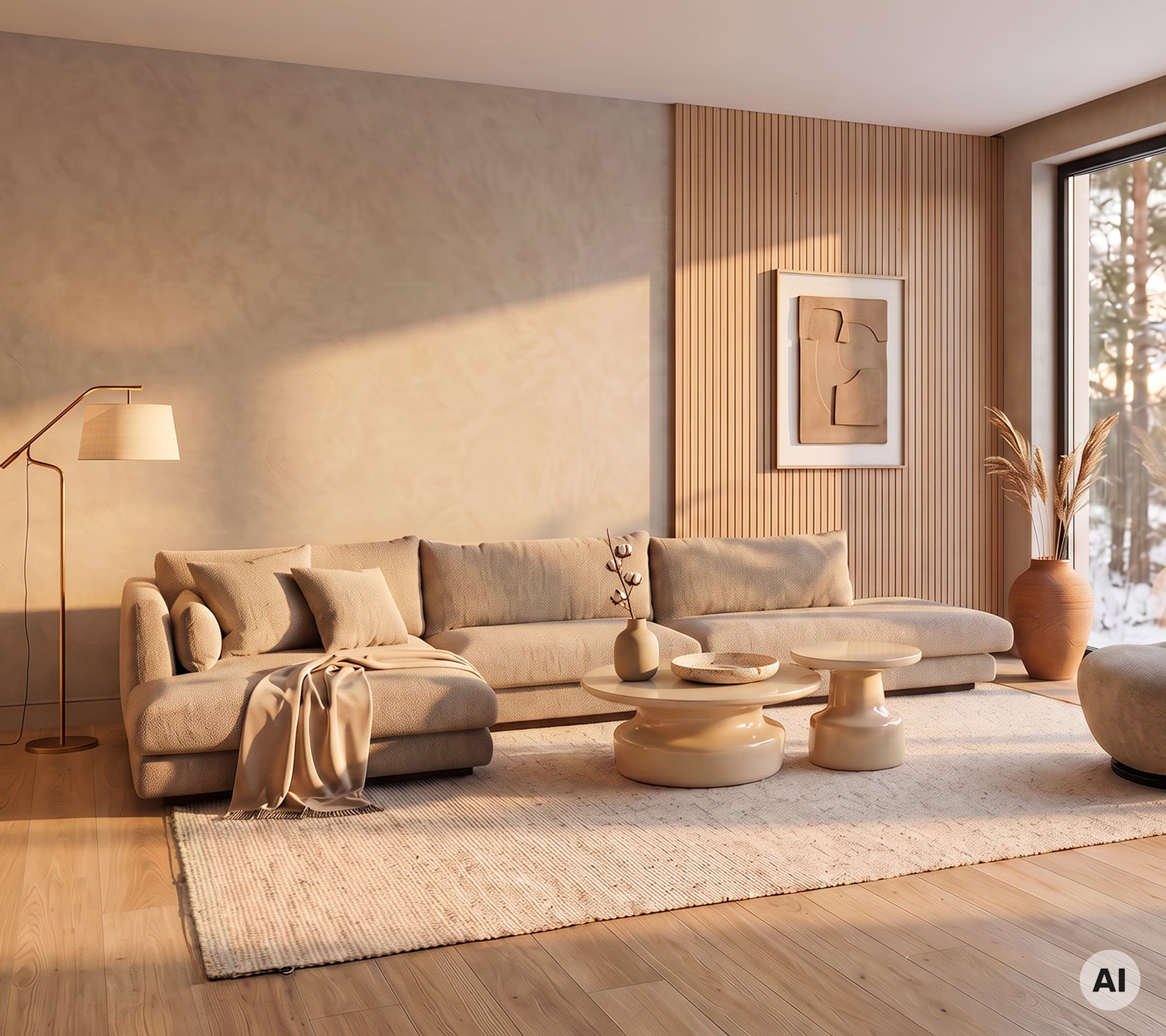 Moderne lounge met een beige bank, lichtbeige tapijt, houten salontafel en een beige poef.