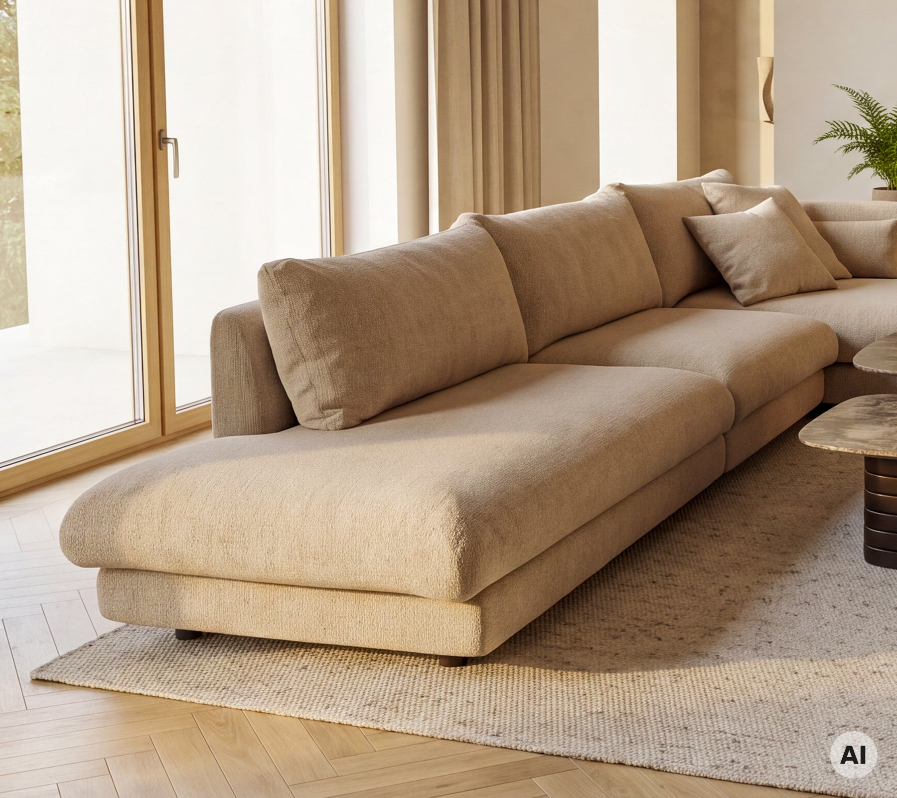 Beige chaiselongsofamodul met kussens in een moderne lounge-instelling.