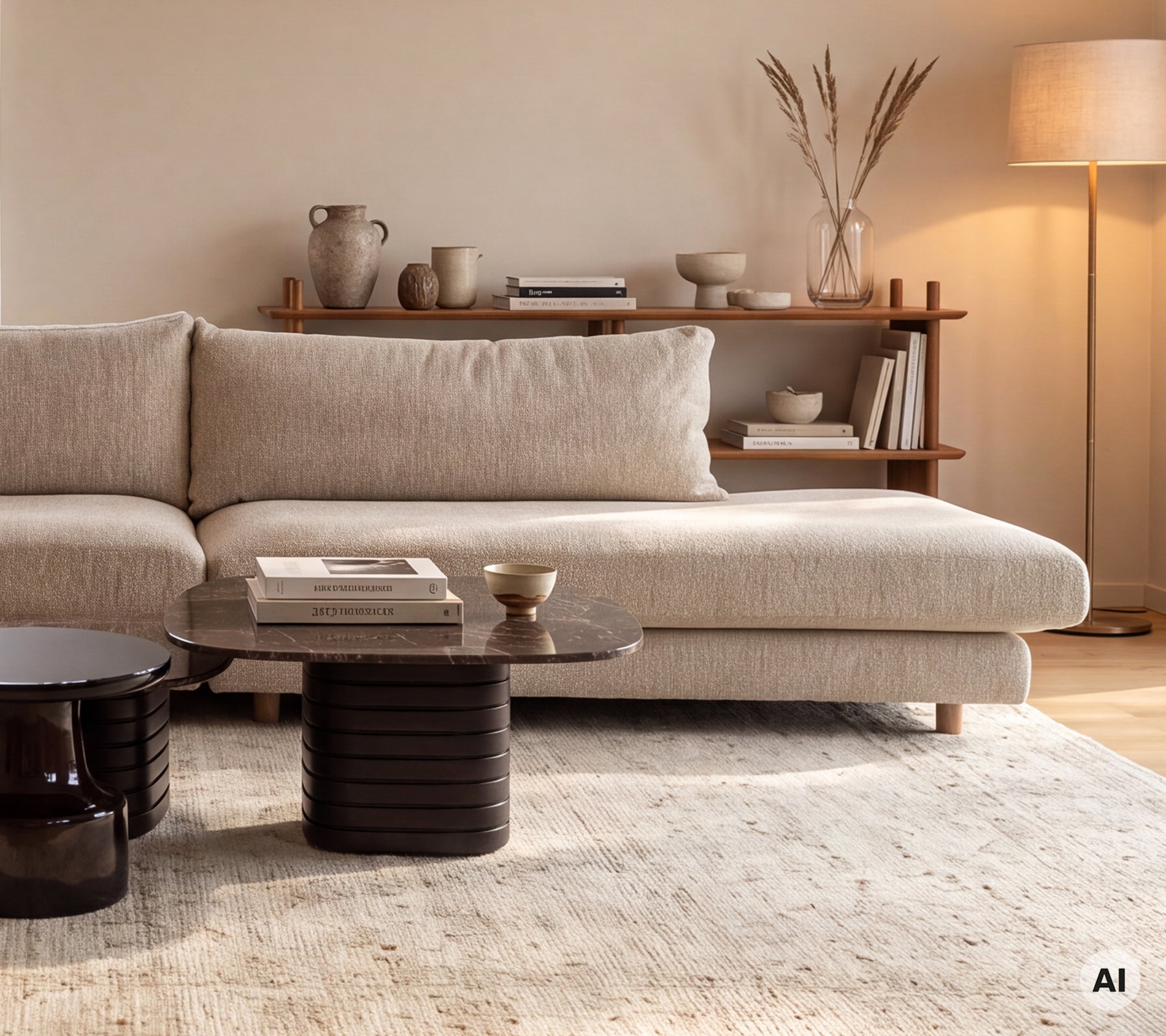 Beige bank gecombineerd met een zwarte tafel in een moderne lounge-instelling.