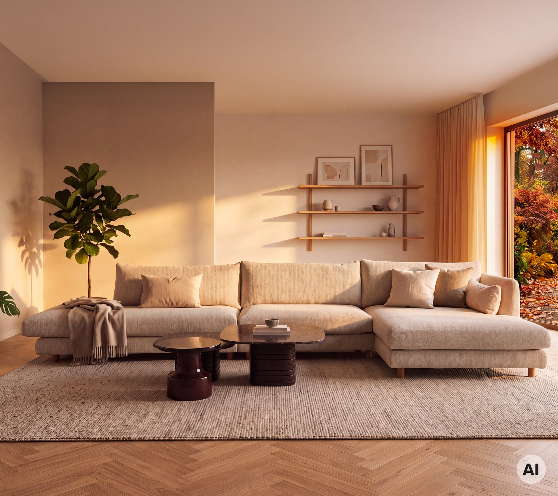 Beige bank met een ronde zwarte tafel en een groene plant in een moderne lounge-setting.