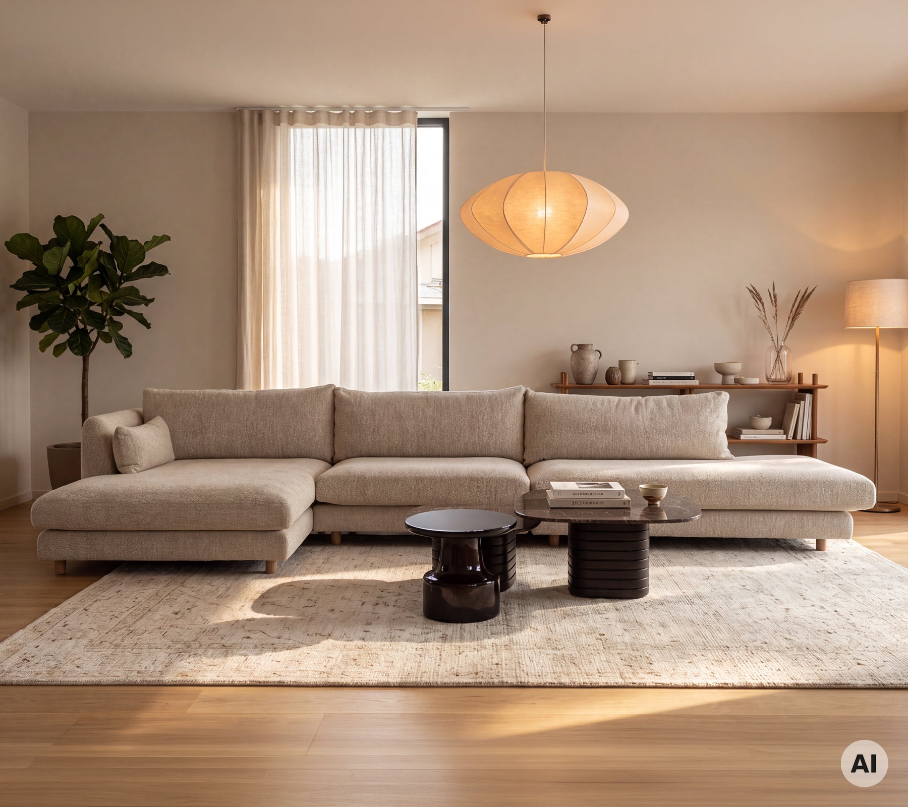 Moderne lounge met een lichte sofamodule en zwarte tafels in een minimale omgeving.