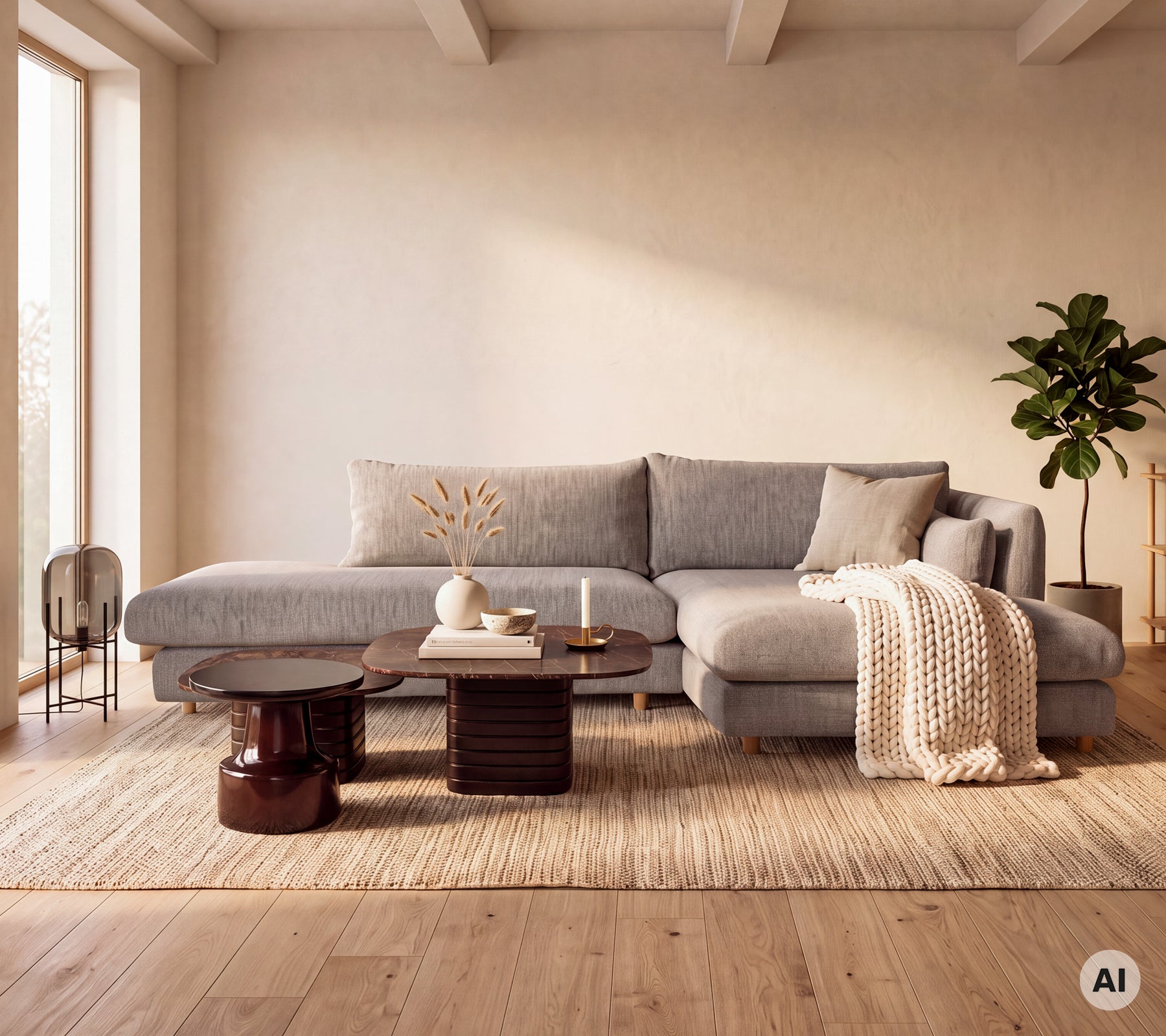 Moderne grijze hoekbank met een houten salontafel en een crèmekleurige plaid in een stijlvolle woonkamer.