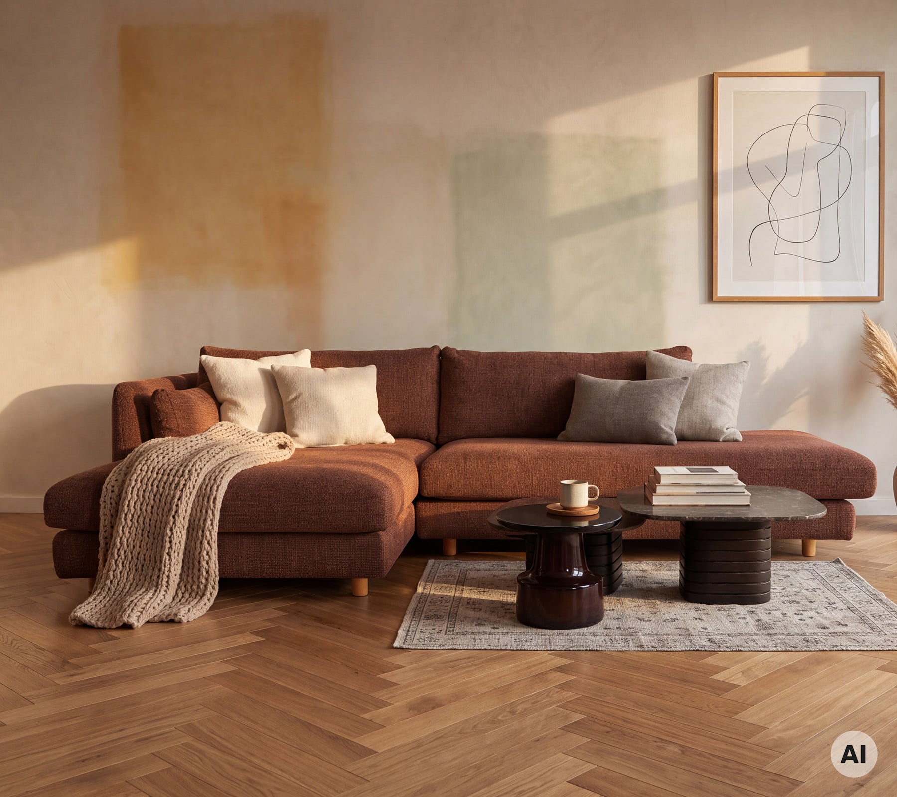 Moderne lounge met een bruine bank, grijze kussens en een zwart salontafel.