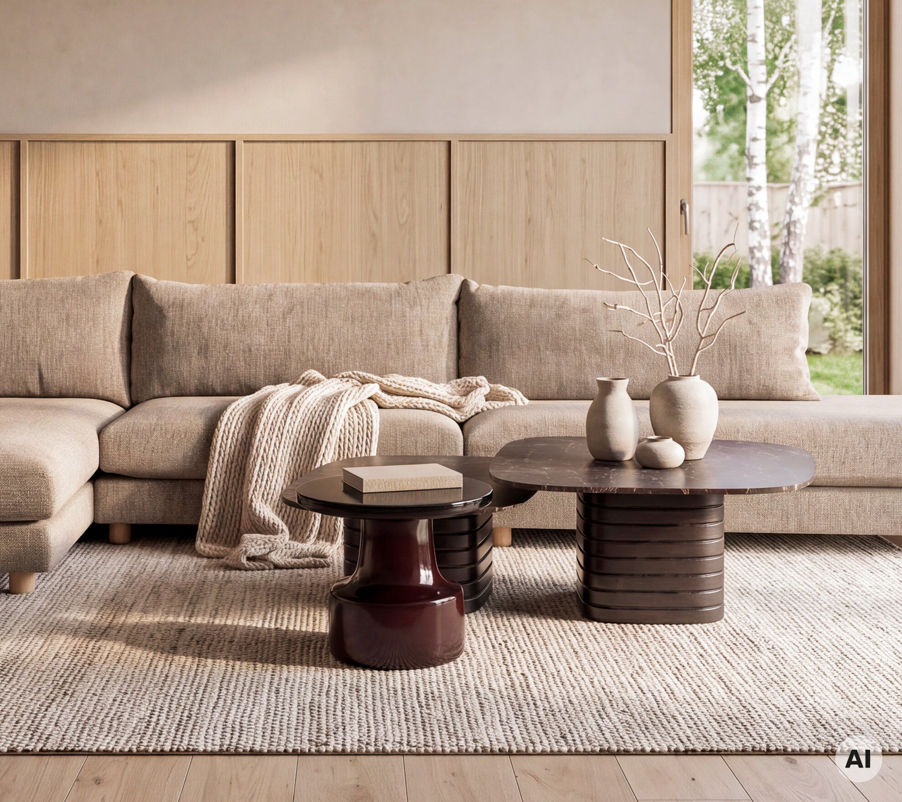 Moderne loungegebied met een beige bank, bruine en rode ronde tafels met decoratieve vazen.