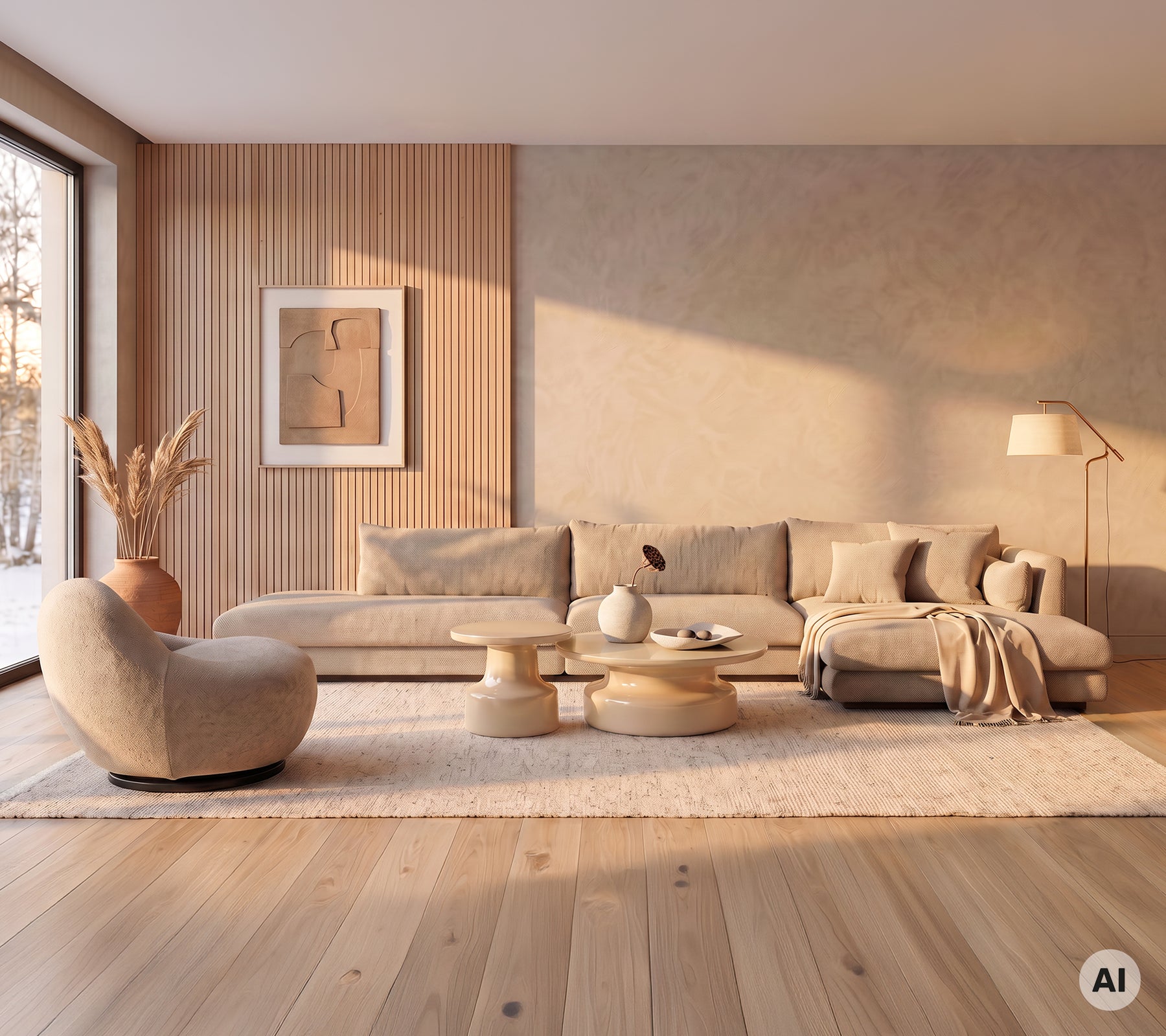 Beige bank en chaise longue met een ronde salontafel in een moderne lounge-instelling.