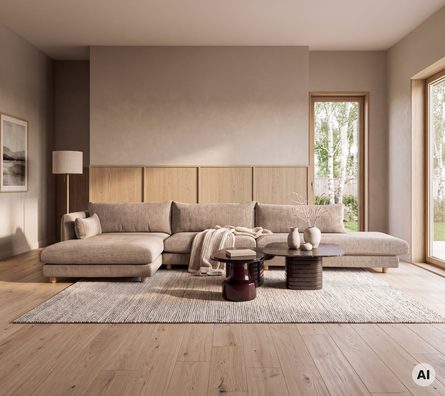 Moderne lounge met een bank, houten bijzettafel en een tapijt in een minimalistische setting.
