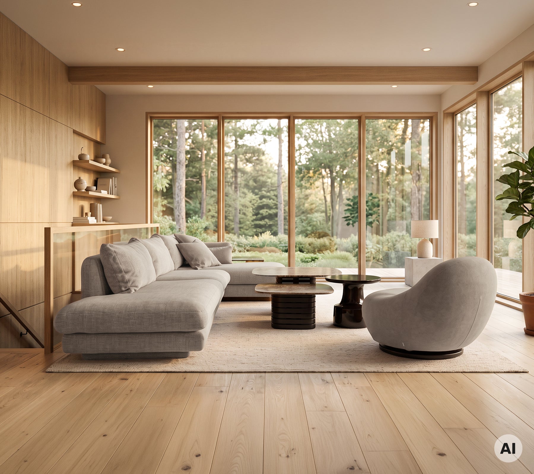 Moderne lounge met grijze hoekbank, zwarte salontafel en witte stoel.