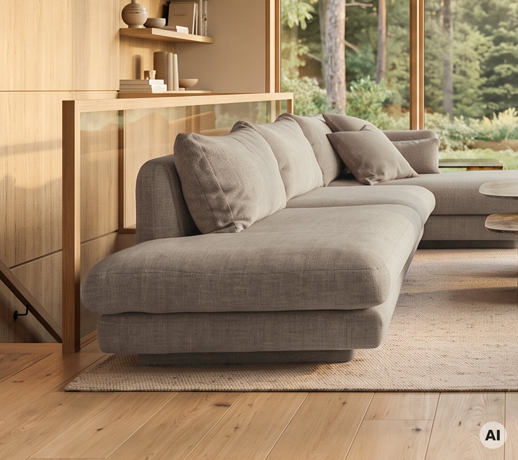Moderne grijze bank met bijpassende kussens in een minimalistische lounge-instelling.