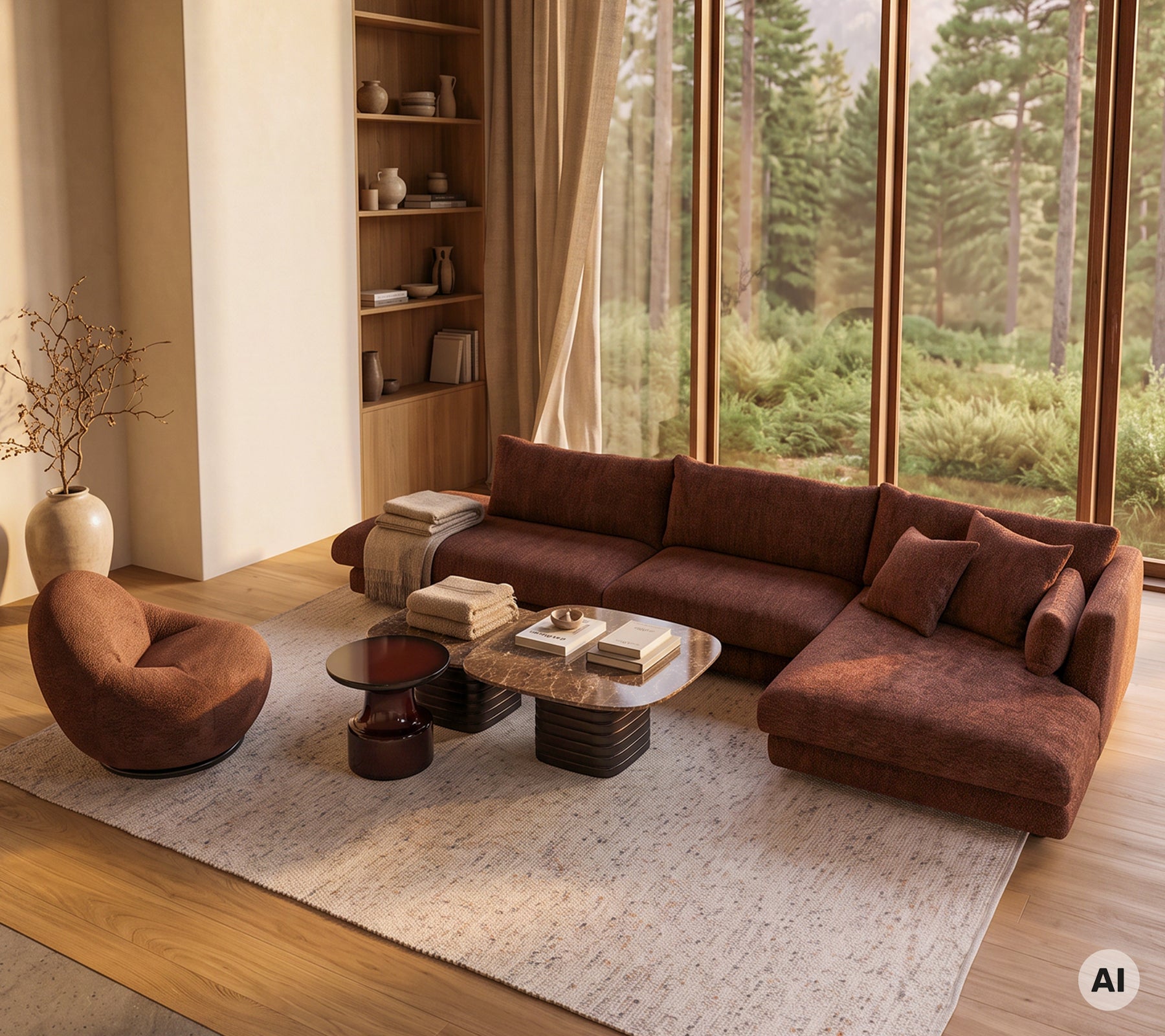 Gezellige lounge-instelling met een bruin chaiselongbank, accentstoel en ronde salontafel.