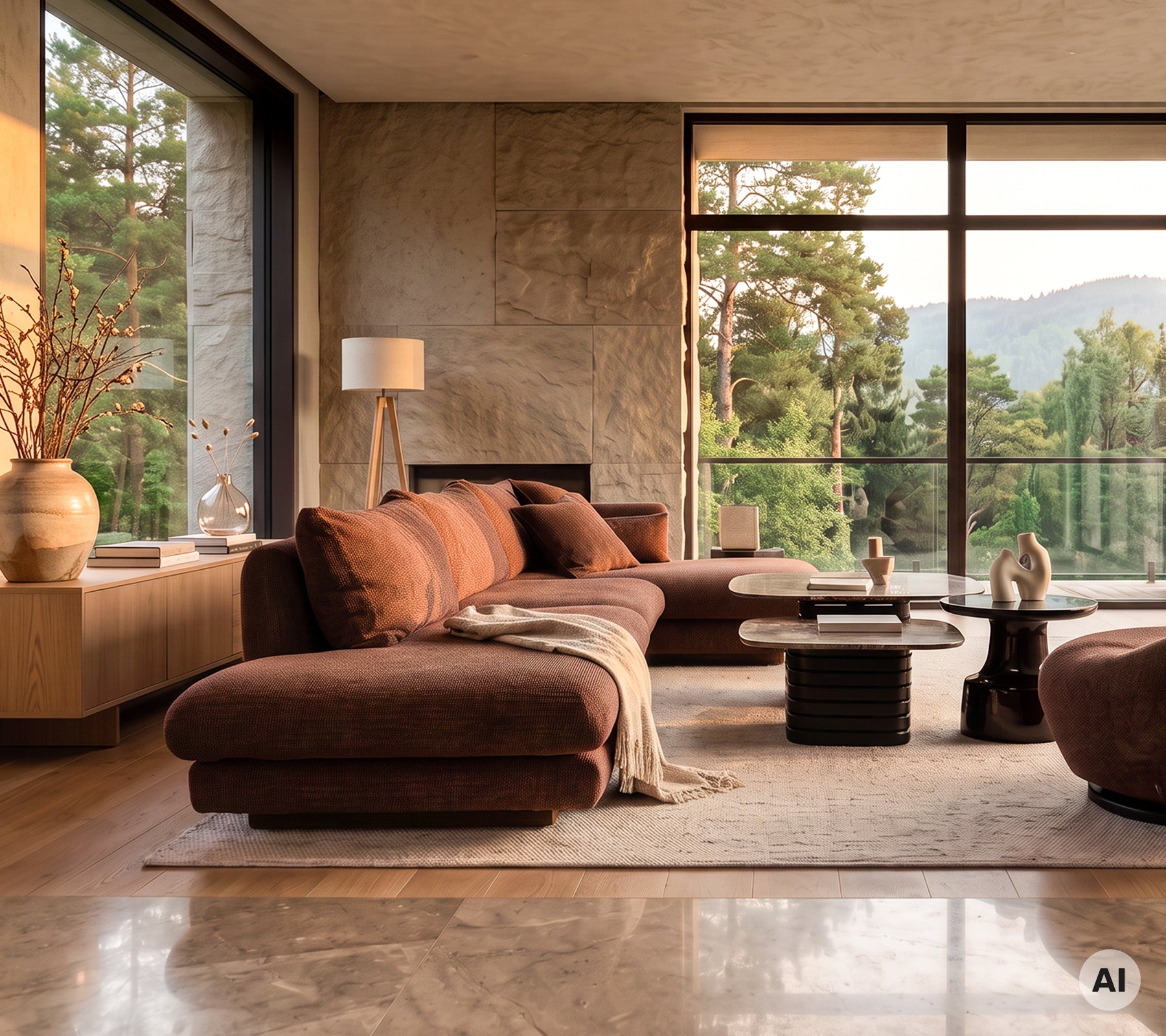 Moderne woonkamer met een bruine sofa en een stijlvolle salontafel.