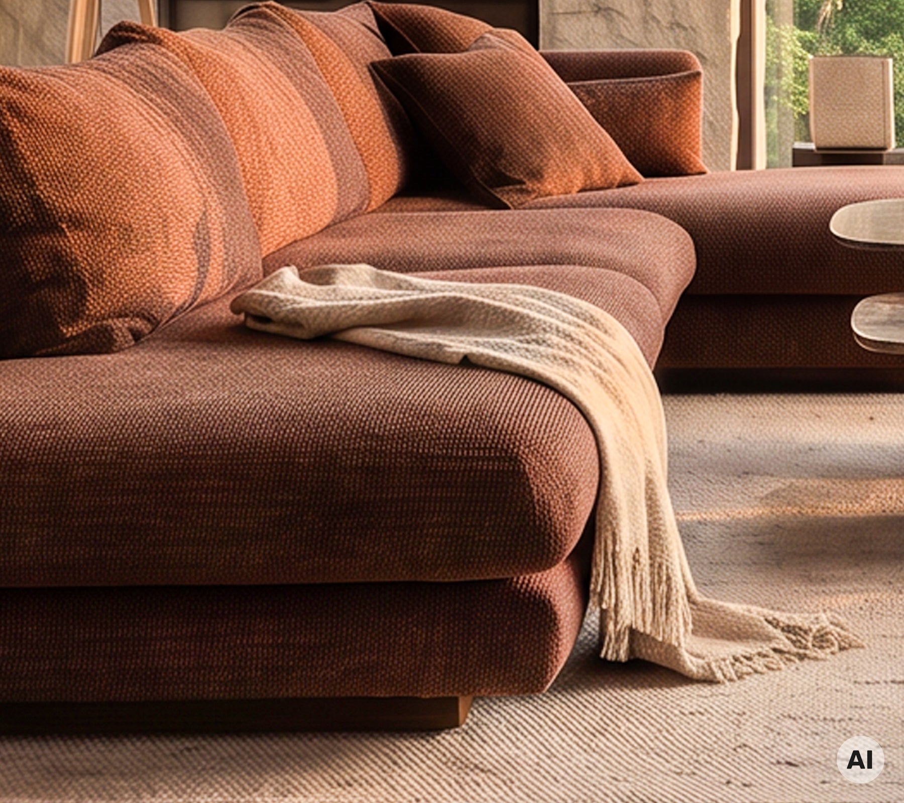 Moderne bruine bank met kussens en een deken in een gezellige lounge-instelling.