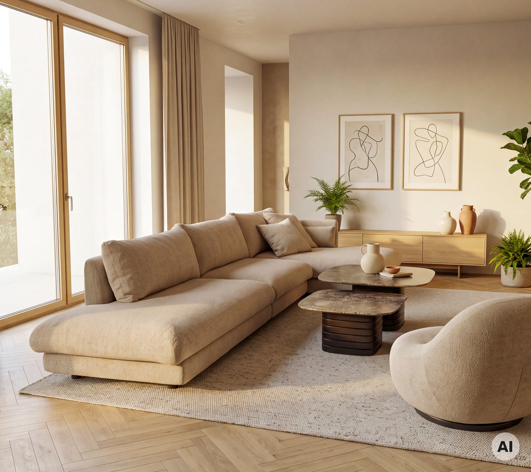 Beige bank en fauteuil met een ronde salontafel in een moderne lounge-instelling.