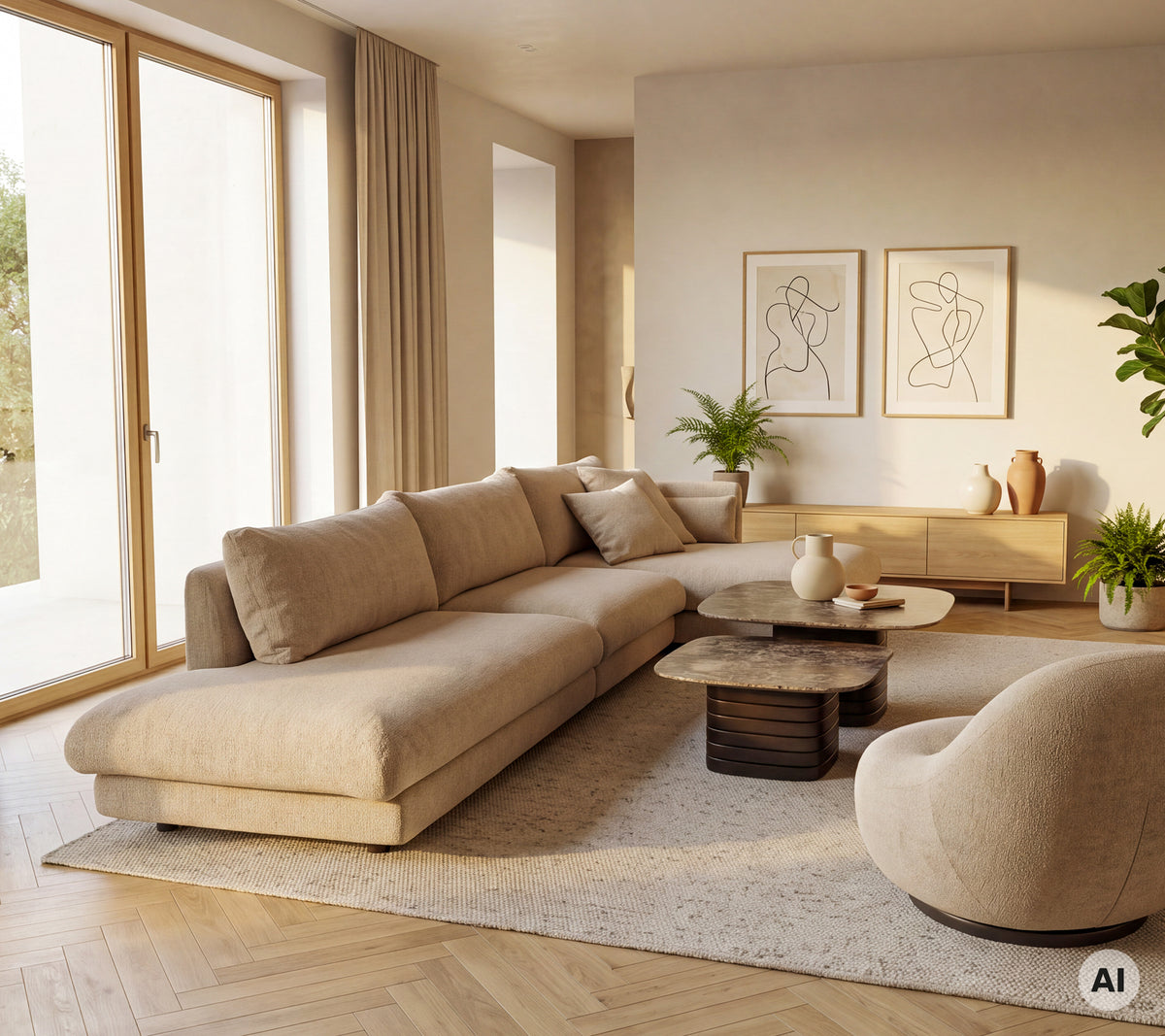 Beige bank en fauteuil met een ronde salontafel in een moderne lounge-instelling.