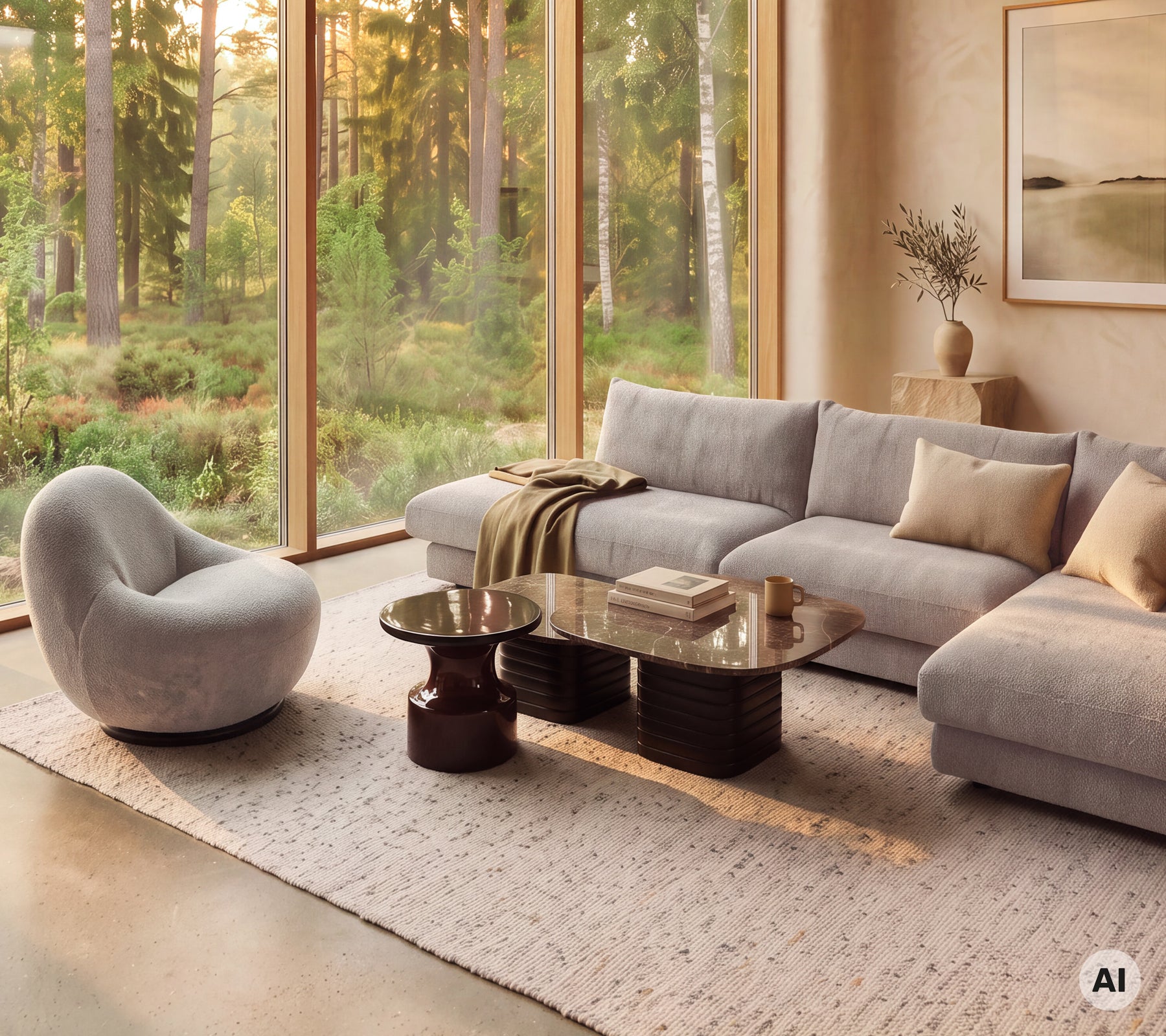 Moderne loungegebied met een grijze bank, beige kussens, een ronde salontafel en een gebogen stoel.