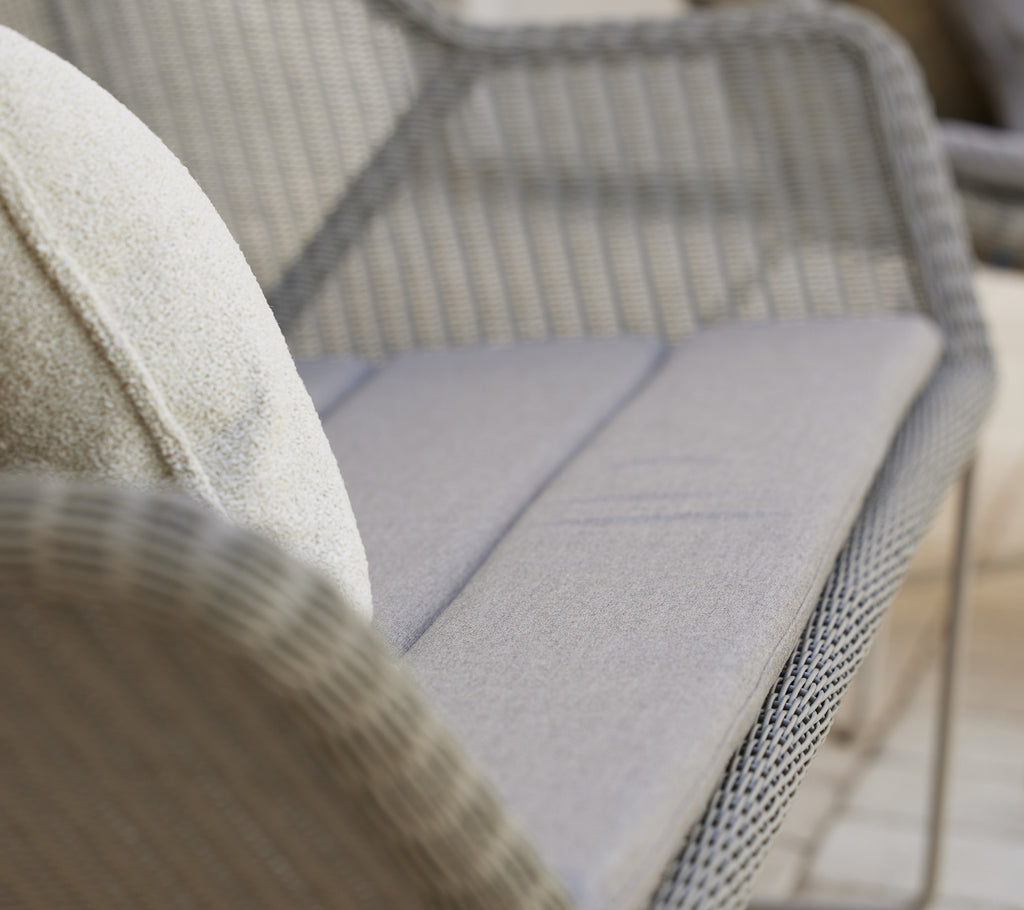 Moderne grijze bank met een plush kussen in een stijlvolle lounge-instelling.