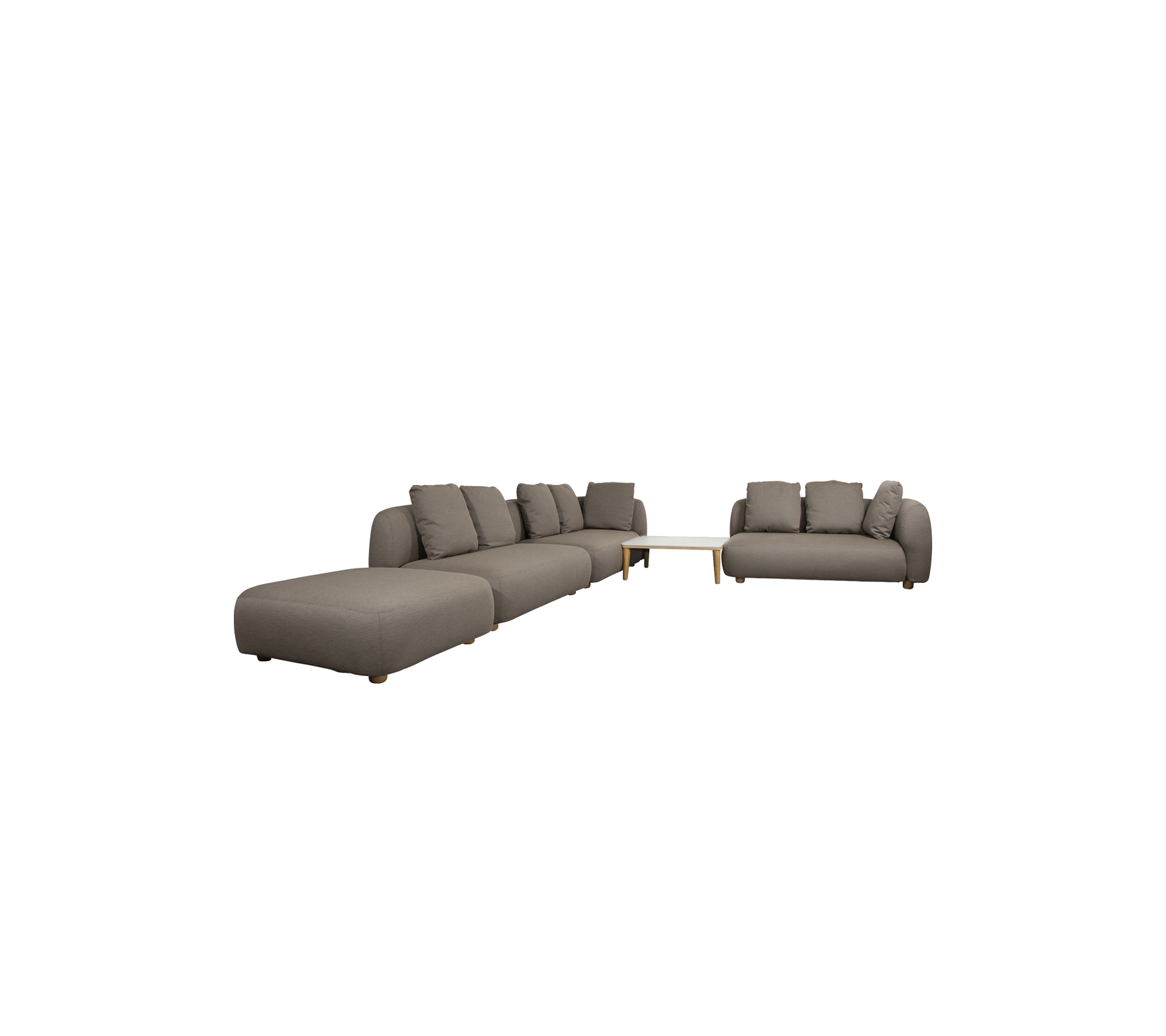 Moderne taupe hoekbank en loveseat in een stijlvolle lounge-setting.