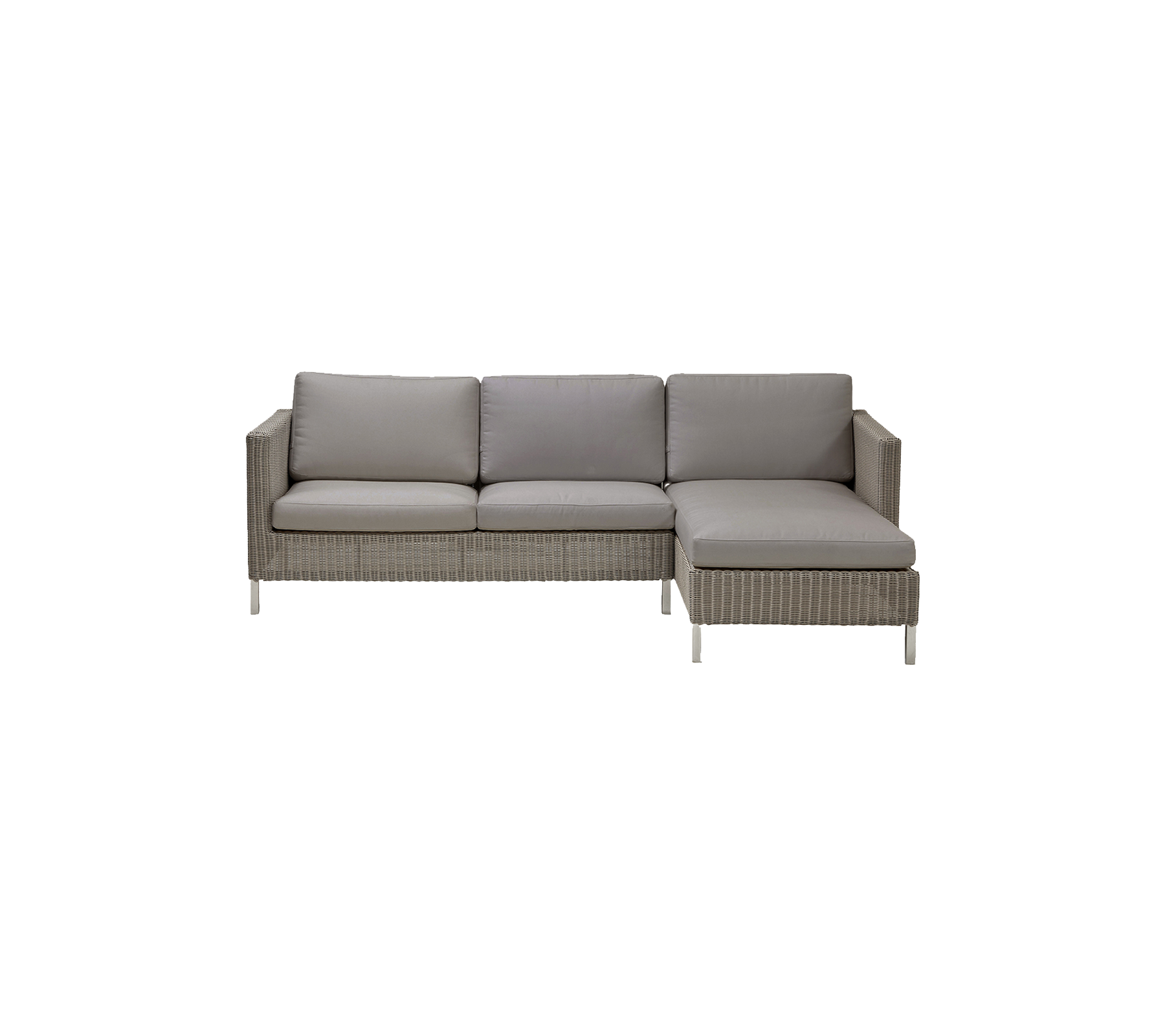 Moderne sectiesofa in lichtgrijs met comfortabele kussens, met een strak design en geweven textuur.