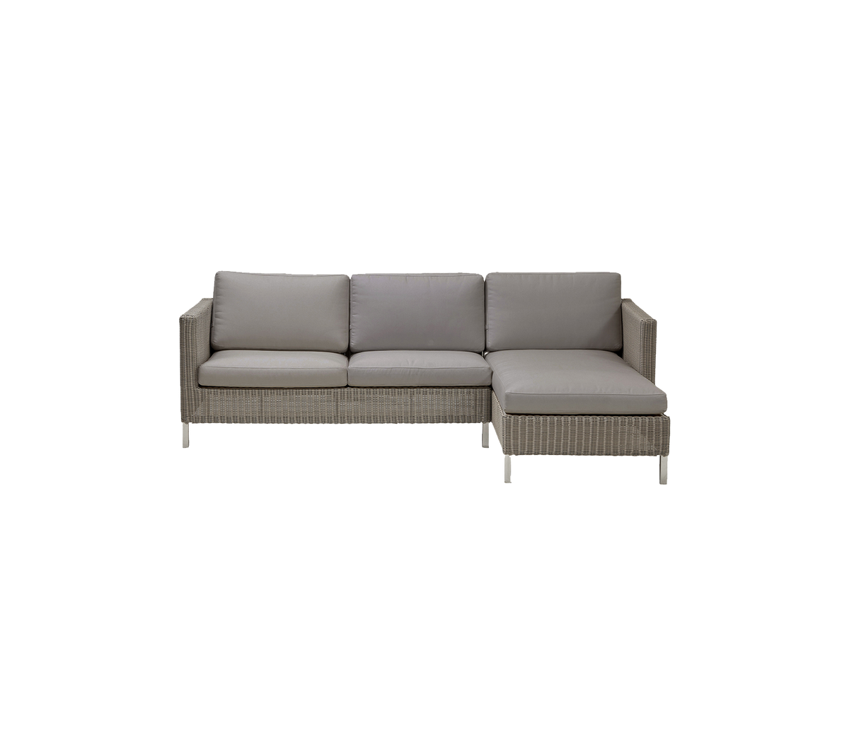 Moderne sectiesofa in lichtgrijs met comfortabele kussens, met een strak design en geweven textuur.