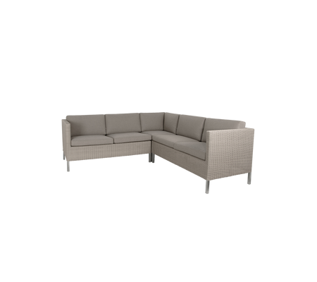 Gezellige hoekbank met pluche grijze kussens en slank design, perfect voor eet- of loungegebieden.