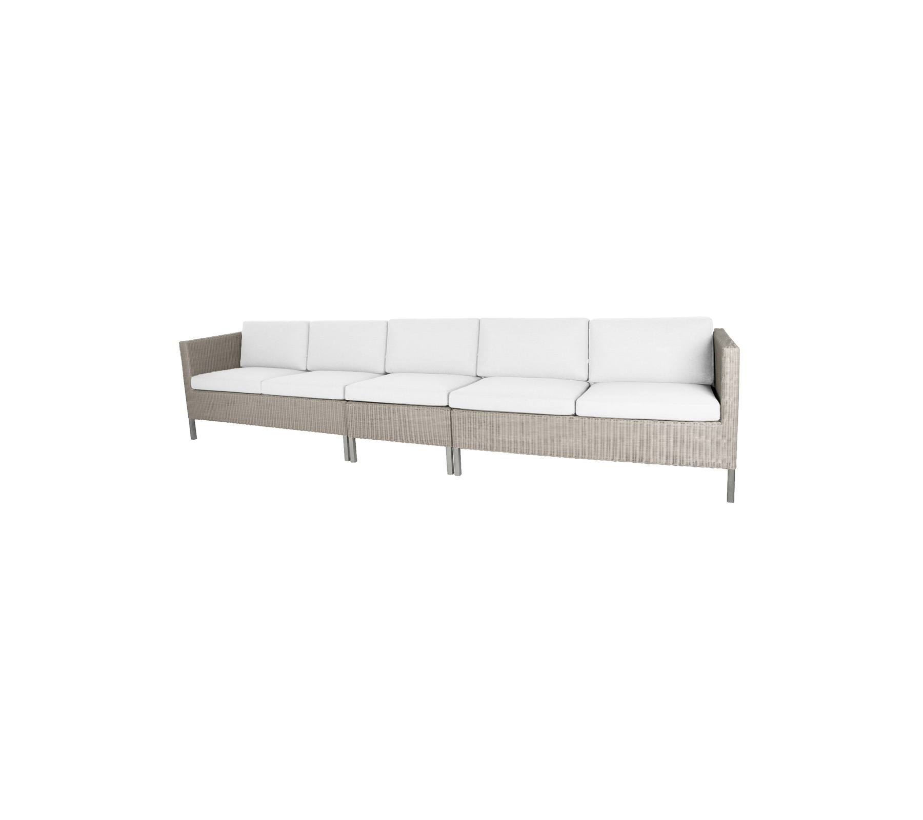 Stijlvolle sectiesofa met een lichtbeige frame en zachte witte kussens, perfect voor dineren of loungen.