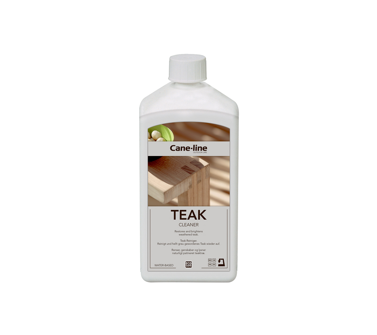 Fles teakolie voor houtonderhoud, met een label met productinformatie en gebruiksaanwijzingen.