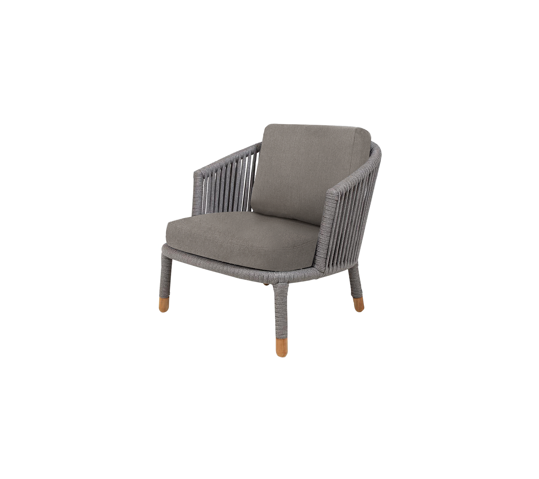 Stijlvolle stoel met een grijze kussen en geweven ontwerp, met houten poten voor een moderne uitstraling en comfortabel zitten.
