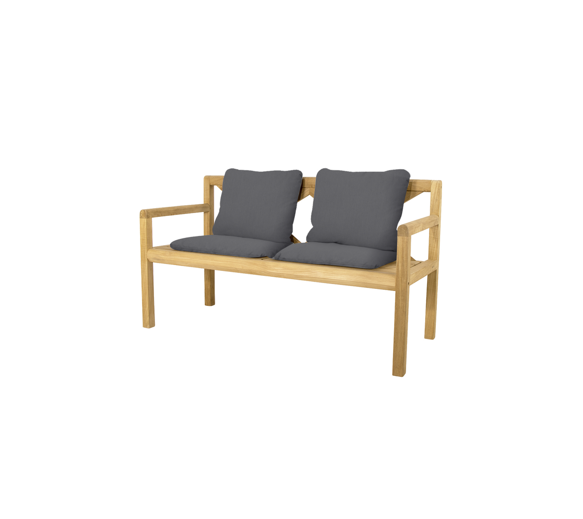 Elegante bank voor twee personen met een natuurlijk houten frame en zachte grijze kussens voor comfort. Perfect om te ontspannen of te socialiseren.