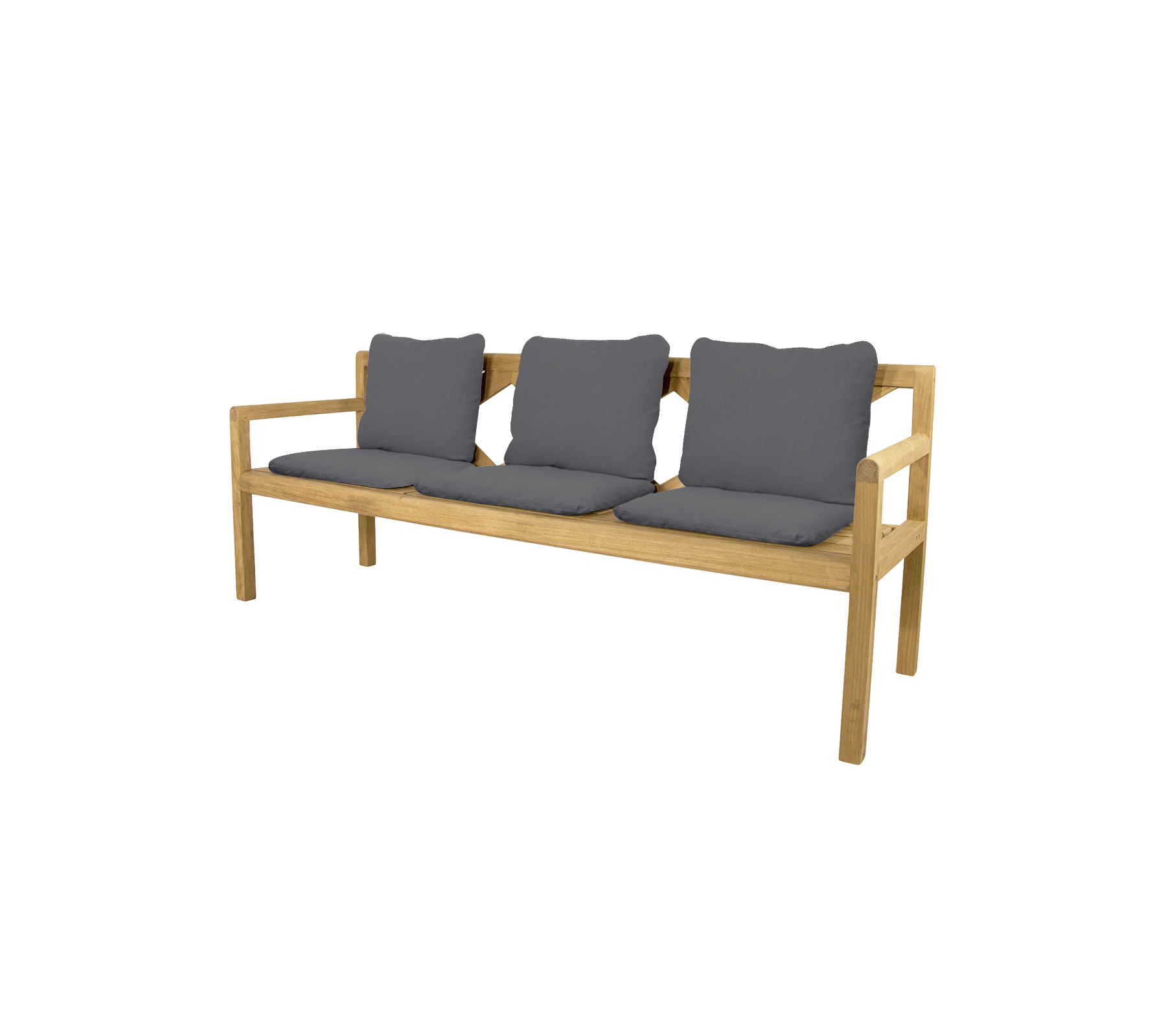 Drie-zits bank met een lichte houten frame en drie donkergrijze kussens, ontworpen voor comfort en stijl.