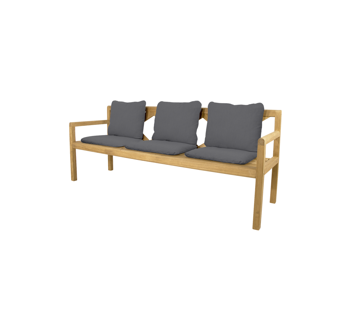 Drie-zits bank met een lichte houten frame en drie donkergrijze kussens, ontworpen voor comfort en stijl.