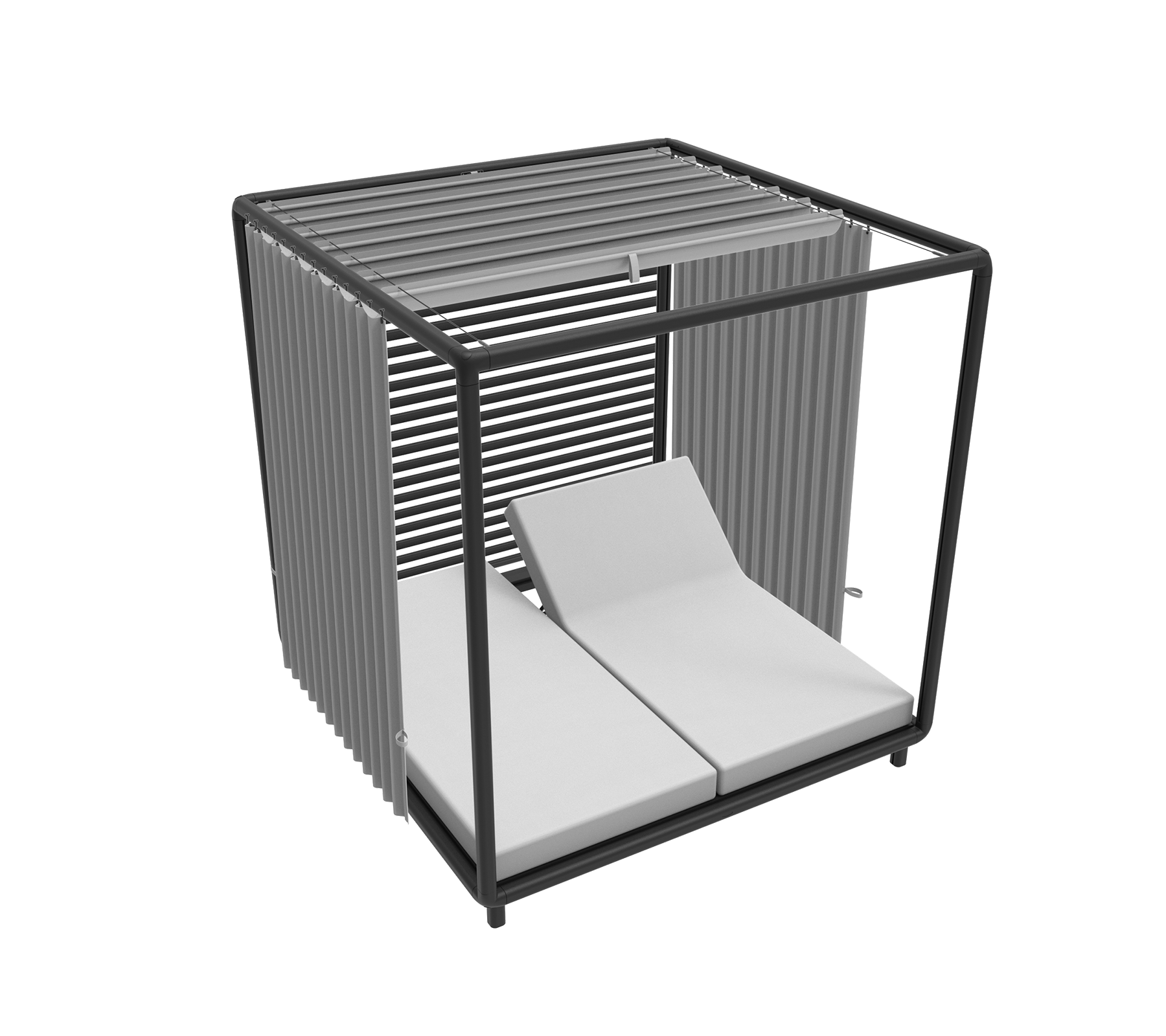 Stijlvolle cabana met een slank frame en twee comfortabele loungesstoelen, ideaal om te ontspannen en zonnebaden.