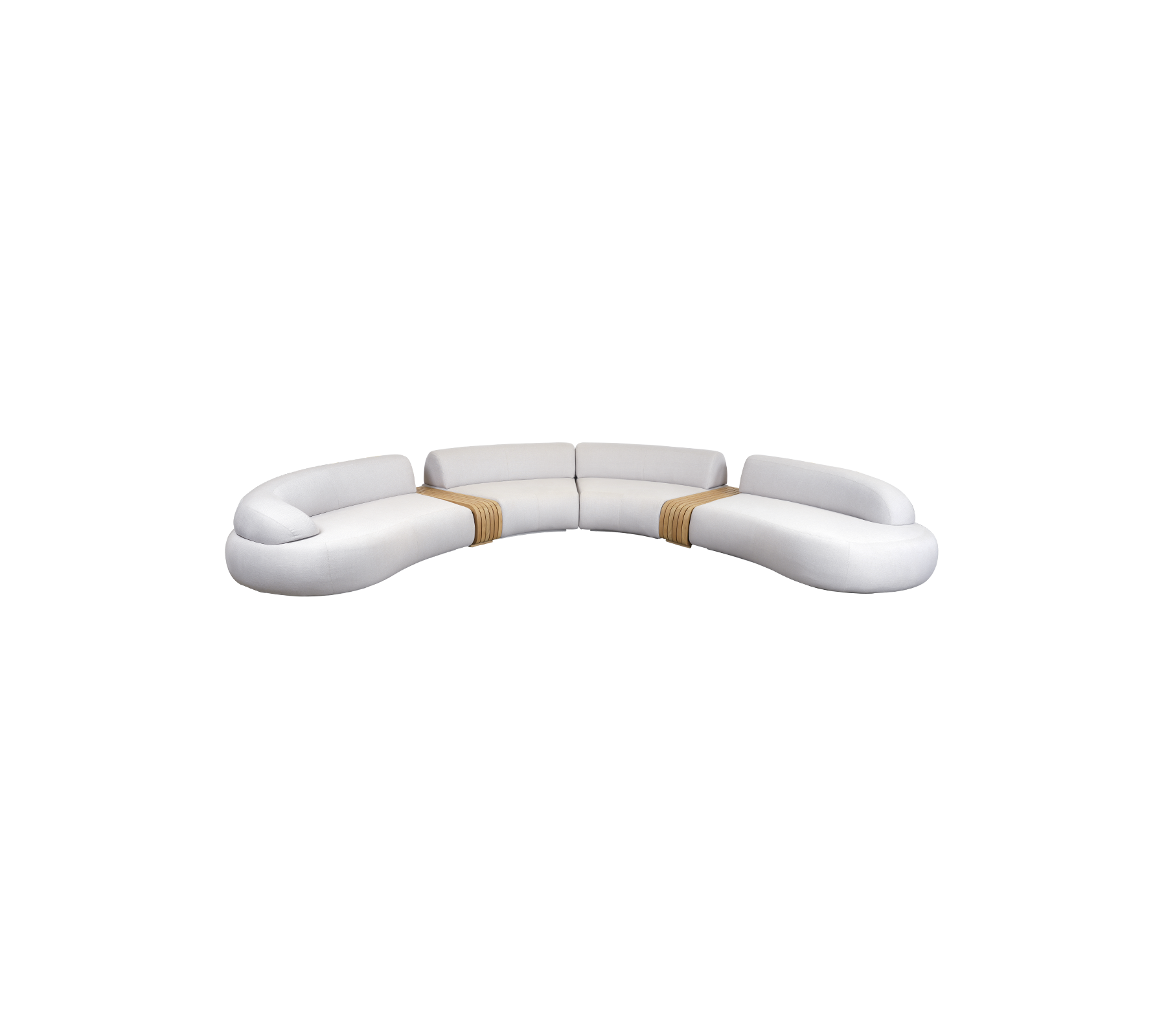 Gebogen witte bank met zachte lijnen en houten accenten, ontworpen voor comfort en moderne esthetiek. Ideaal voor elke woonruimte.