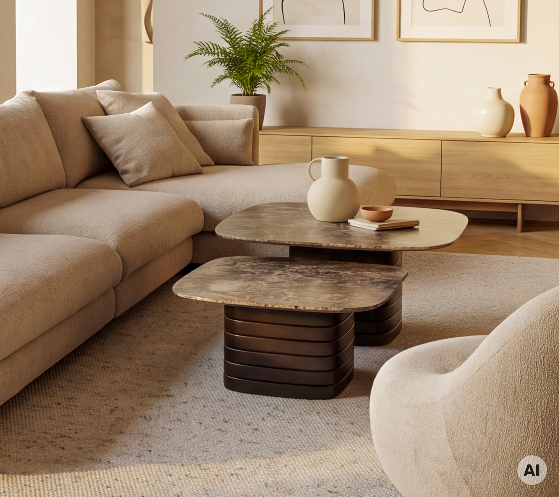 Beige bank met een bruin salontafel en een witte vaas in een moderne lounge-instelling.